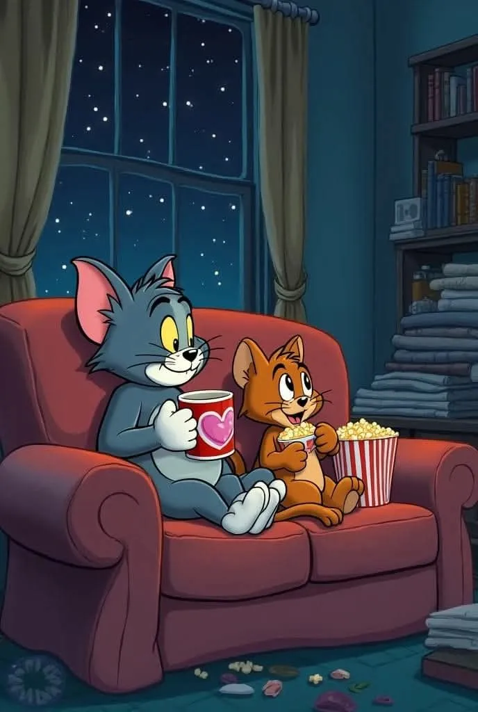 Tom relaxing on a chair while Jerry hides behind lamp