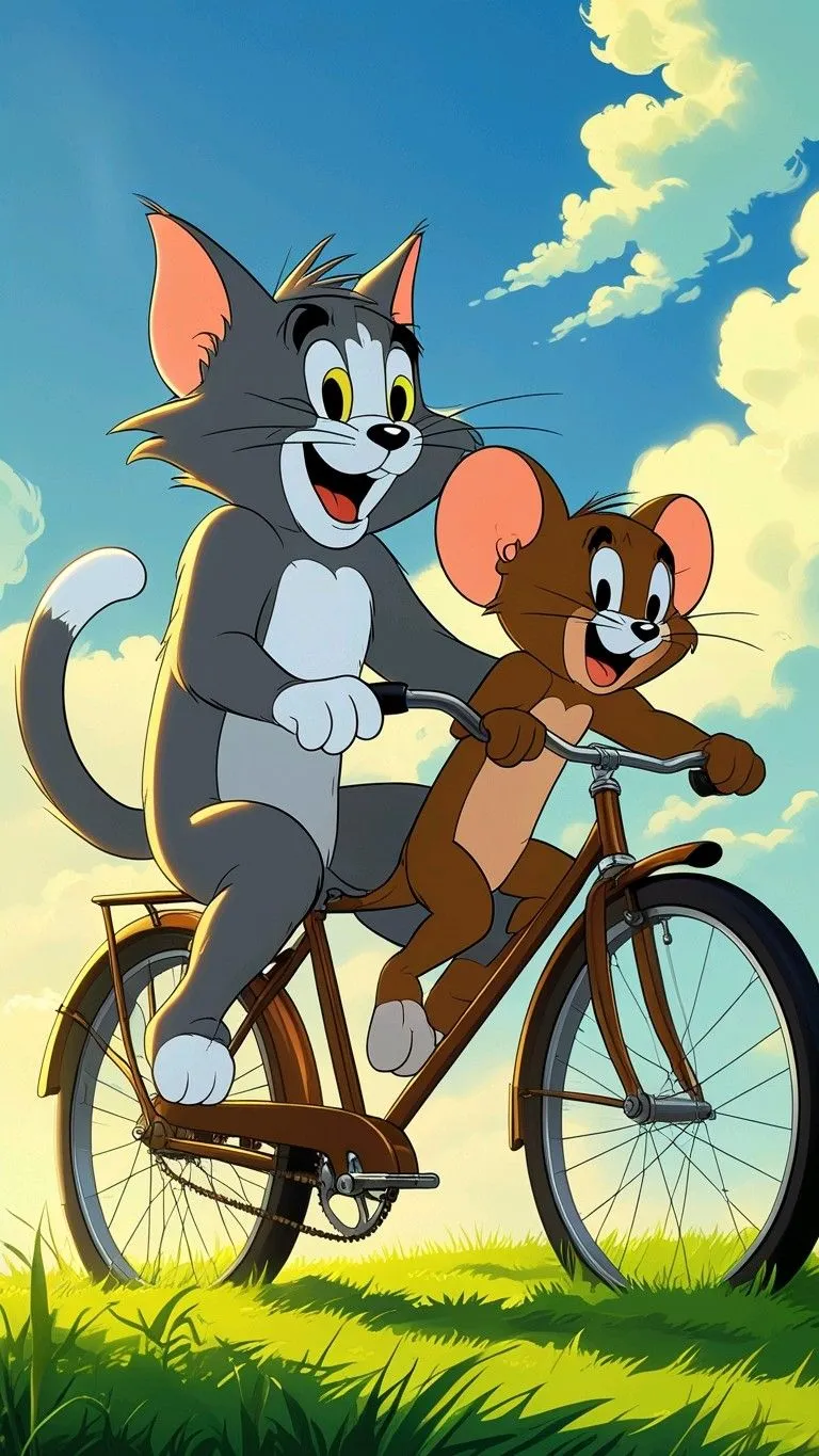 Tom Rides a Bike While Jerry Sits on the Handlebar