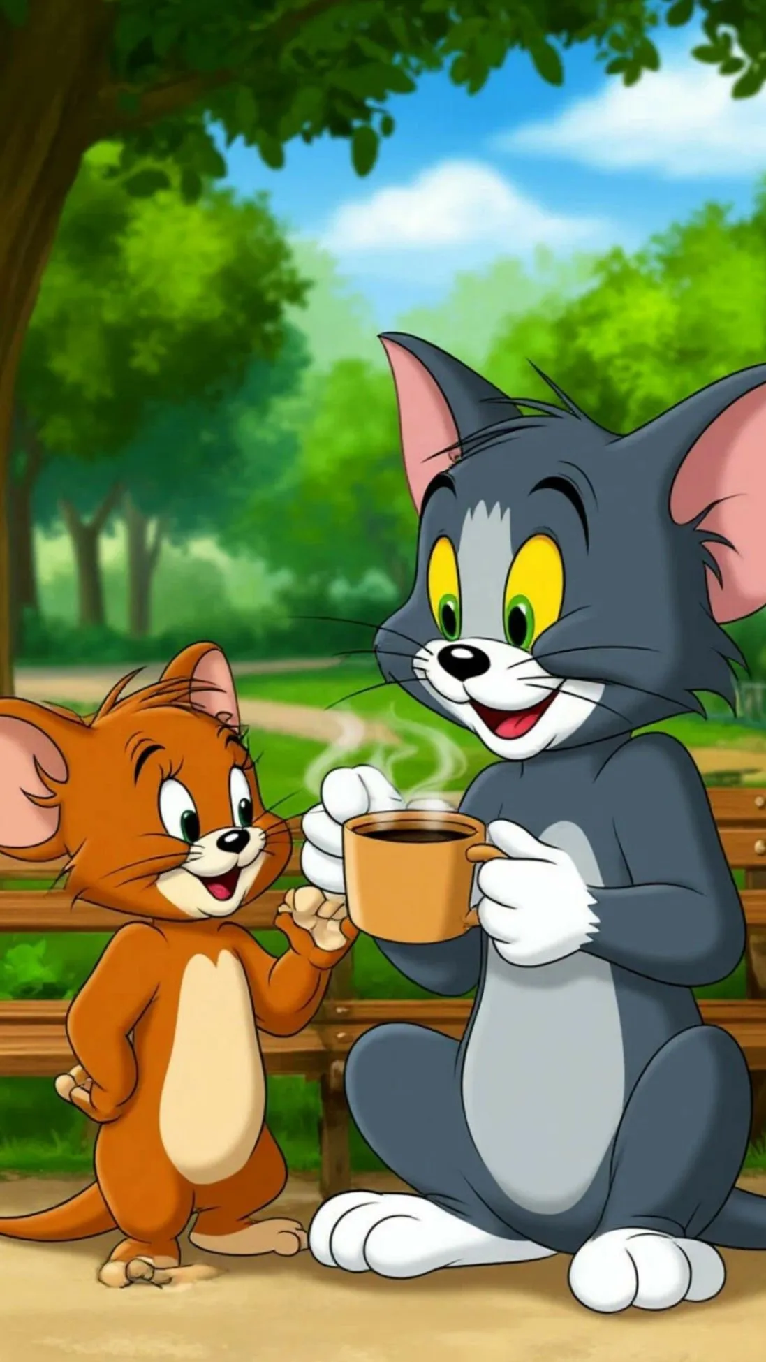 Tom Standing Behind Jerry Smiling in a Green Background
