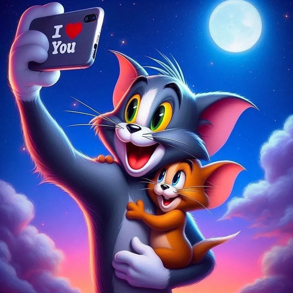 Tom Taking a Selfie with Jerry Under a Starry Sky wallpaper