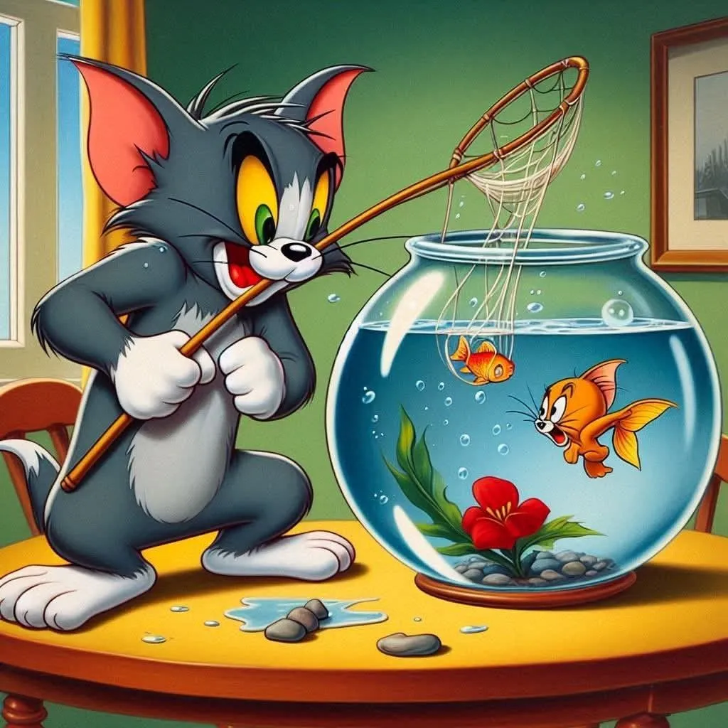 Tom Watching Goldfish Inside Bowl with Curious Look