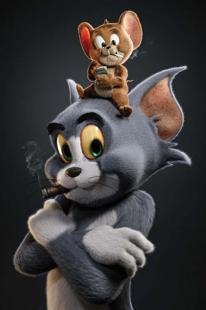 Tom Wearing a Crown Holding Jerry in a Royal Cartoon Style