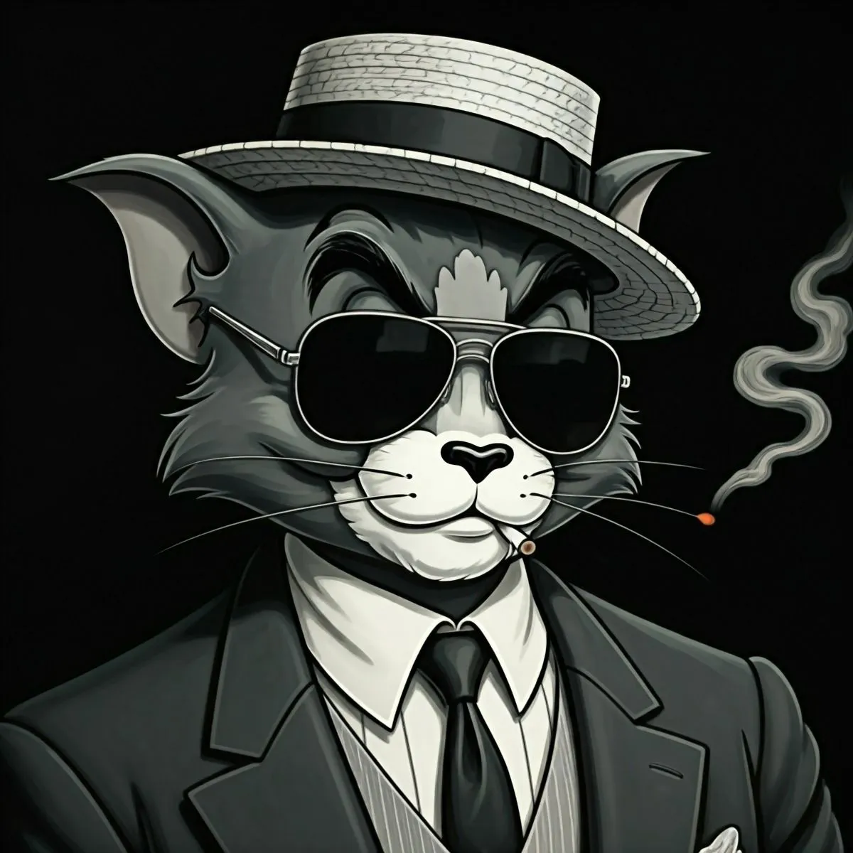 Tom Wearing Suit and Hat in Black and White Mafia Look