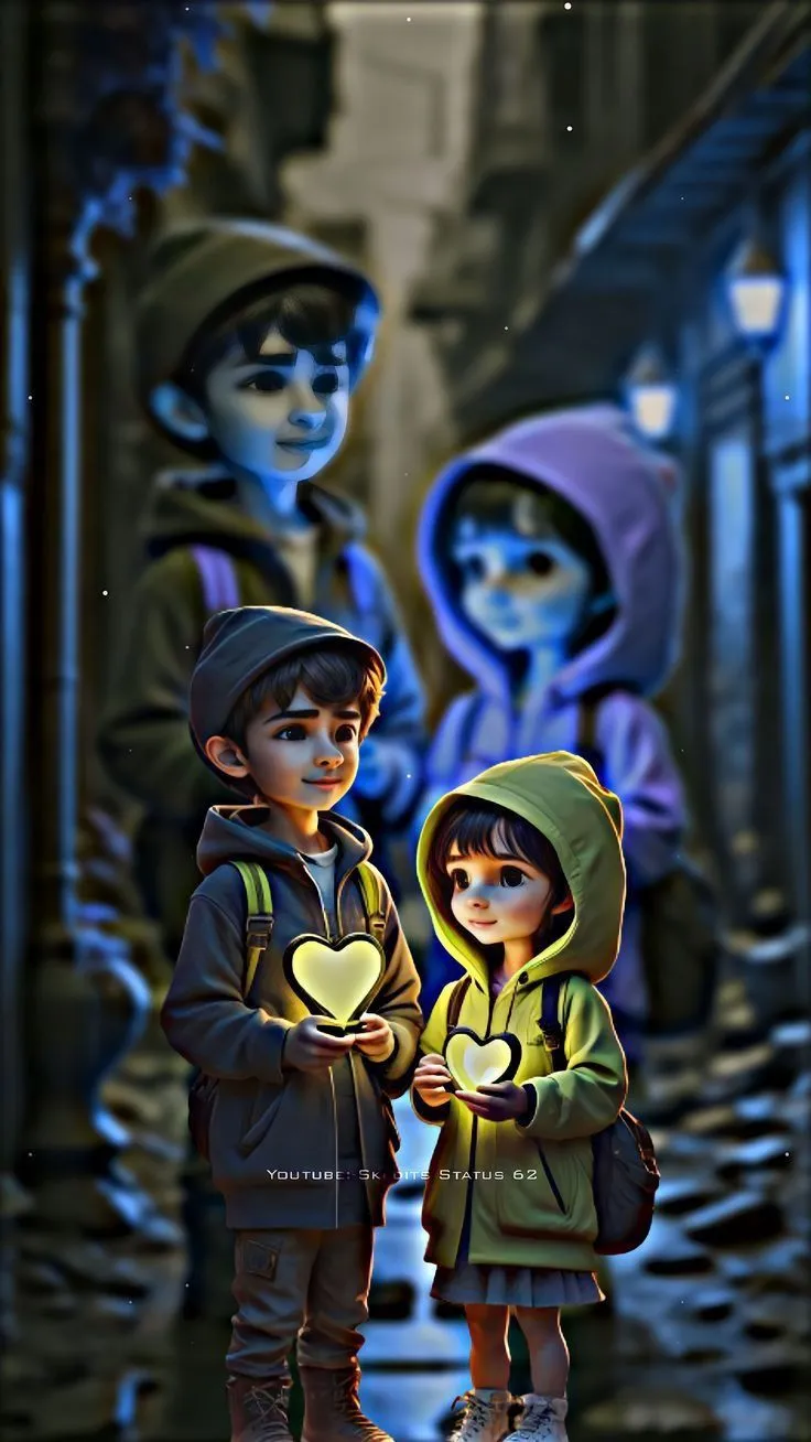 Animated Kids Holding Glowing Hearts HD Free Wallpaper