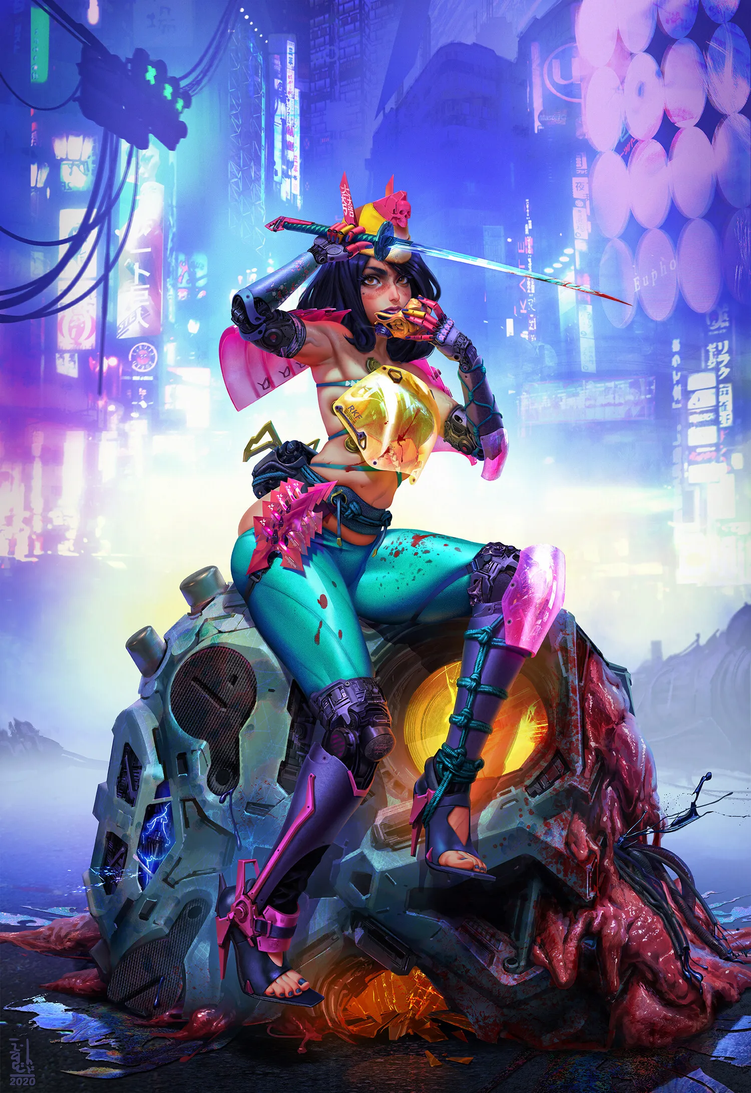 Anime wallpaper of futuristic cyberpunk girl neon city art