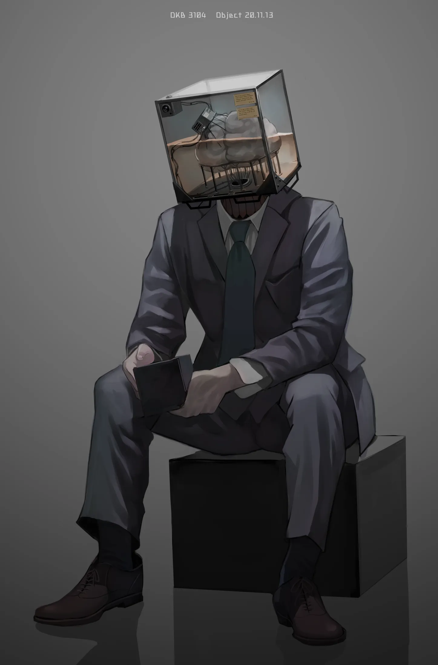 Businessman with a Brain in a Glass Cube Head HD Wallpaper
