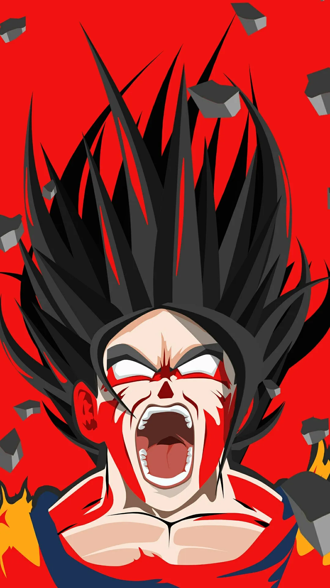 Japanese warrior character yelling in fiery red background