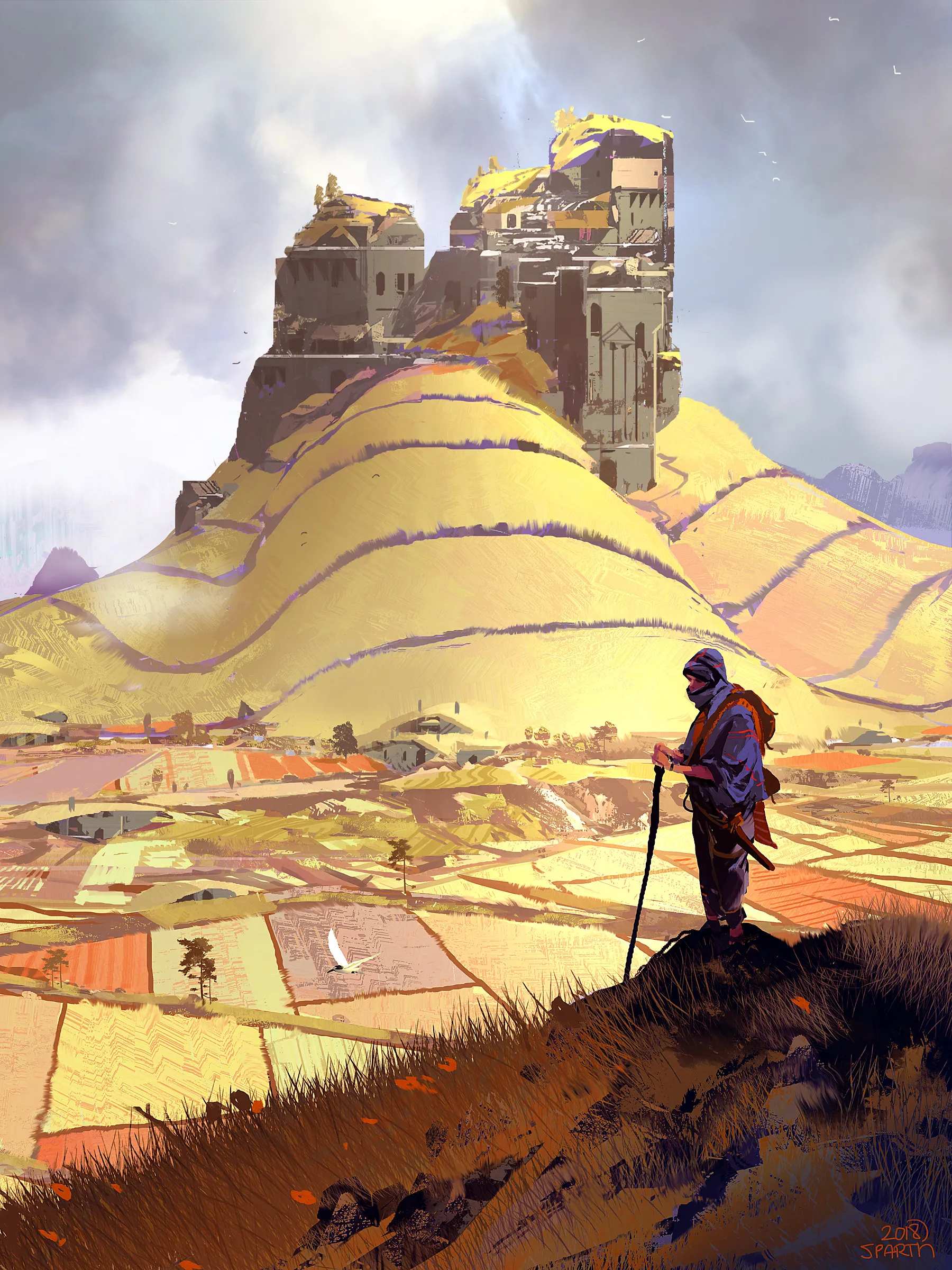 Lone Wanderer Overlooks Ancient Fortress HD Wallpaper