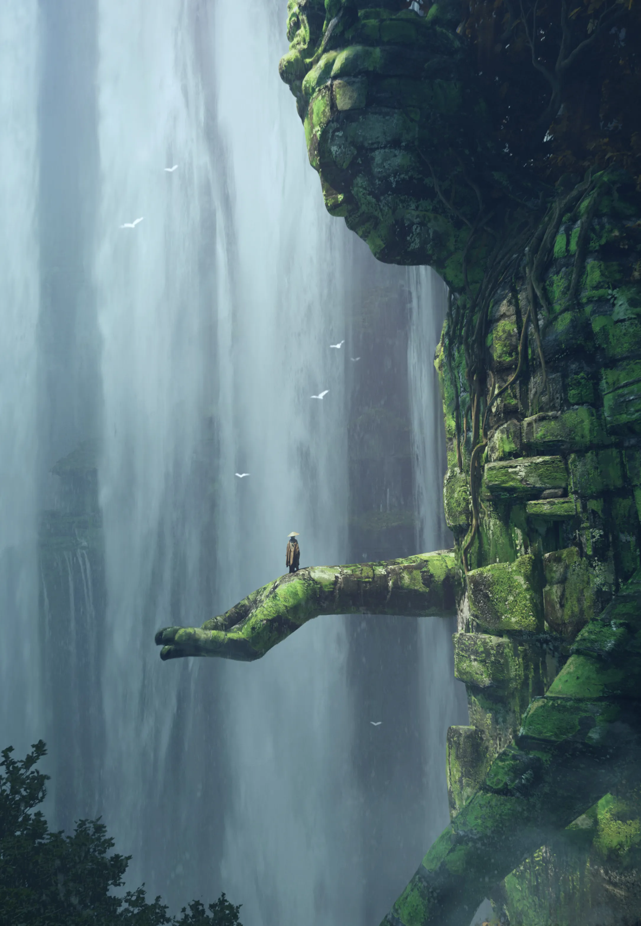 Statue of Waterfalls Holding a Lone Wanderer Image