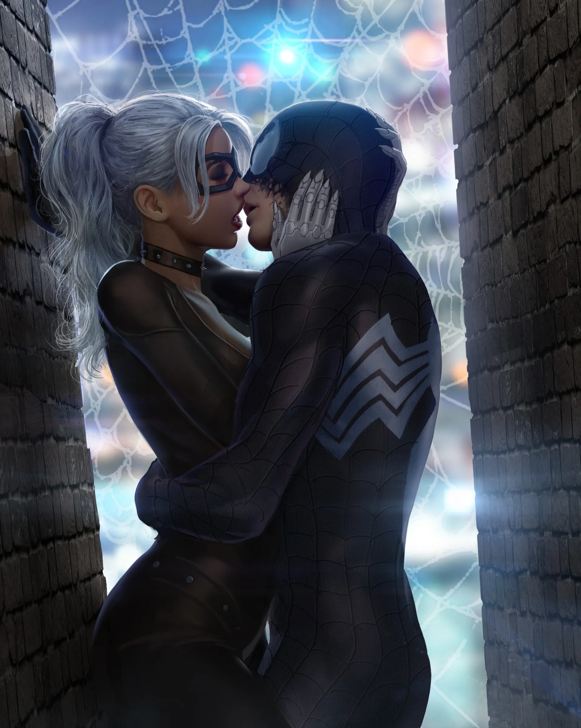 Romantic kiss of black cat and black spiderman wallpaper