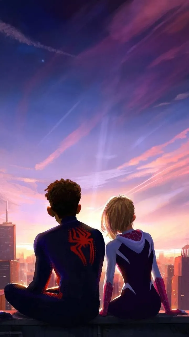 Spider Man and Spider Gwen at Sunset City Artwork wallpaper