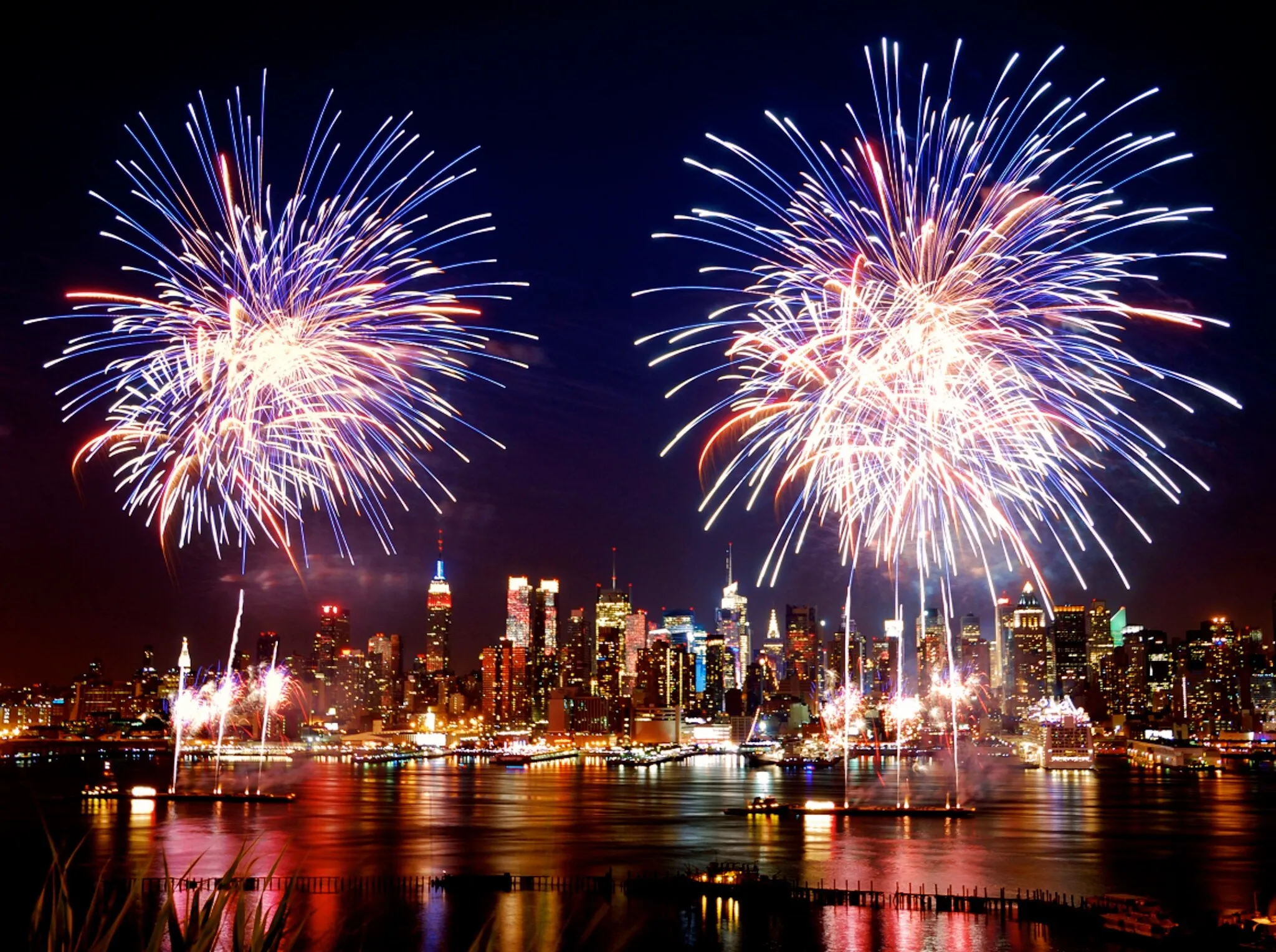 Beautiful Blue Fireworks with River Blue Theme Wallpaper Hd