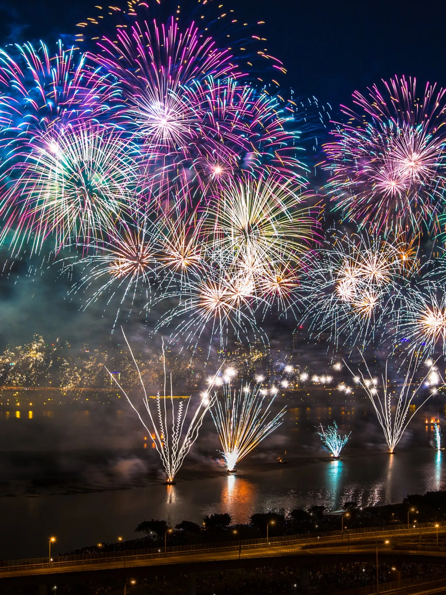 City with Colourful Lights and Fireworks in Festival Hd