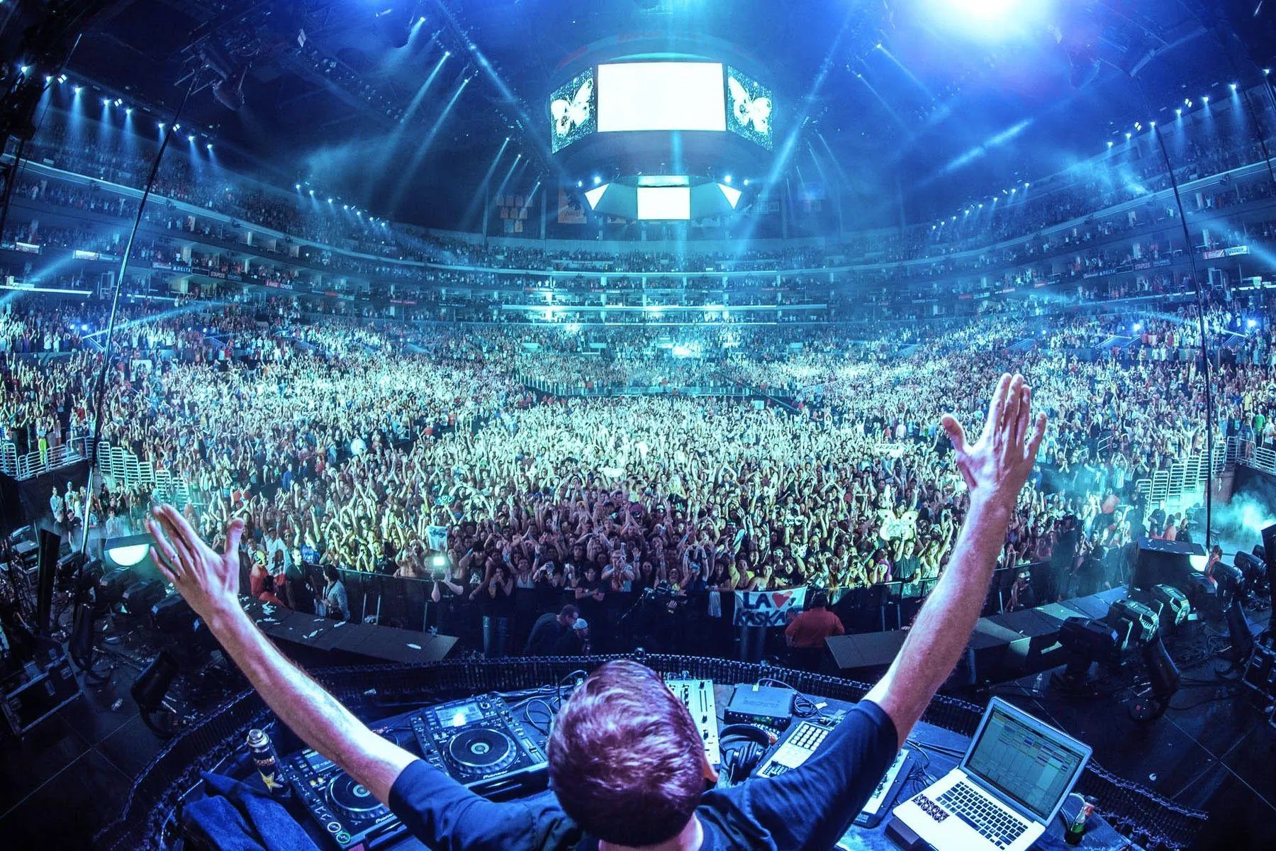 Dance Music Stage with Massive Stadium Crowd View Wallpaper