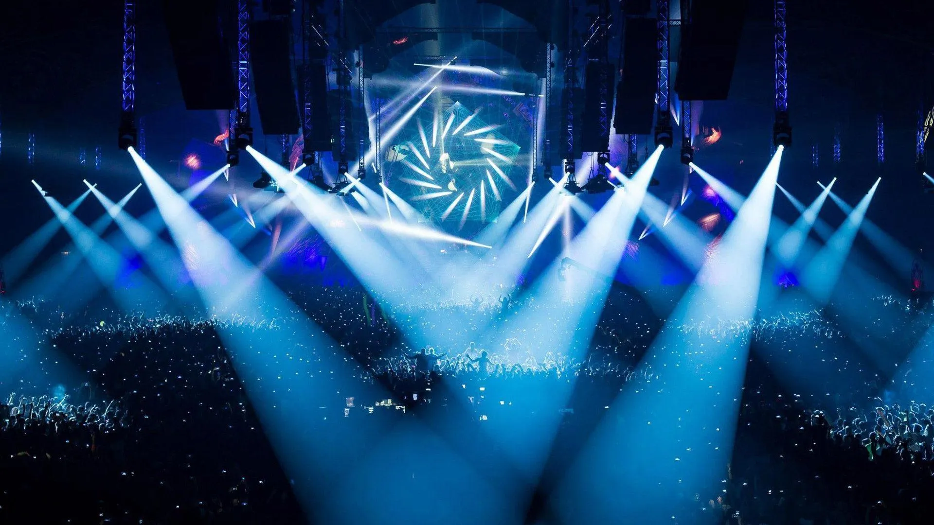 Epic Concert Hall with Blue Spotlights and Huge Crowd Hd