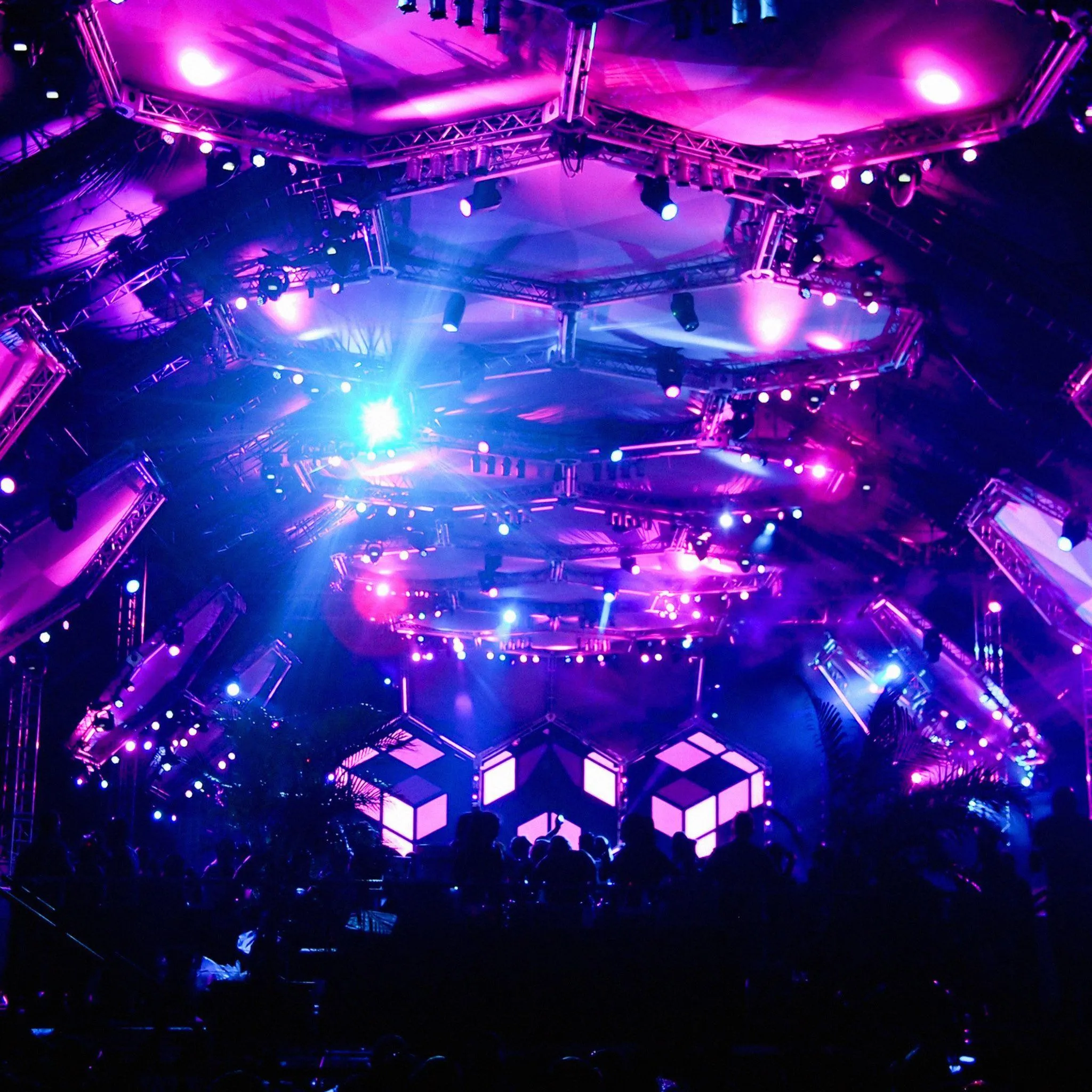 Glowing Purple and Blue Light Music Concert with Edm Stage
