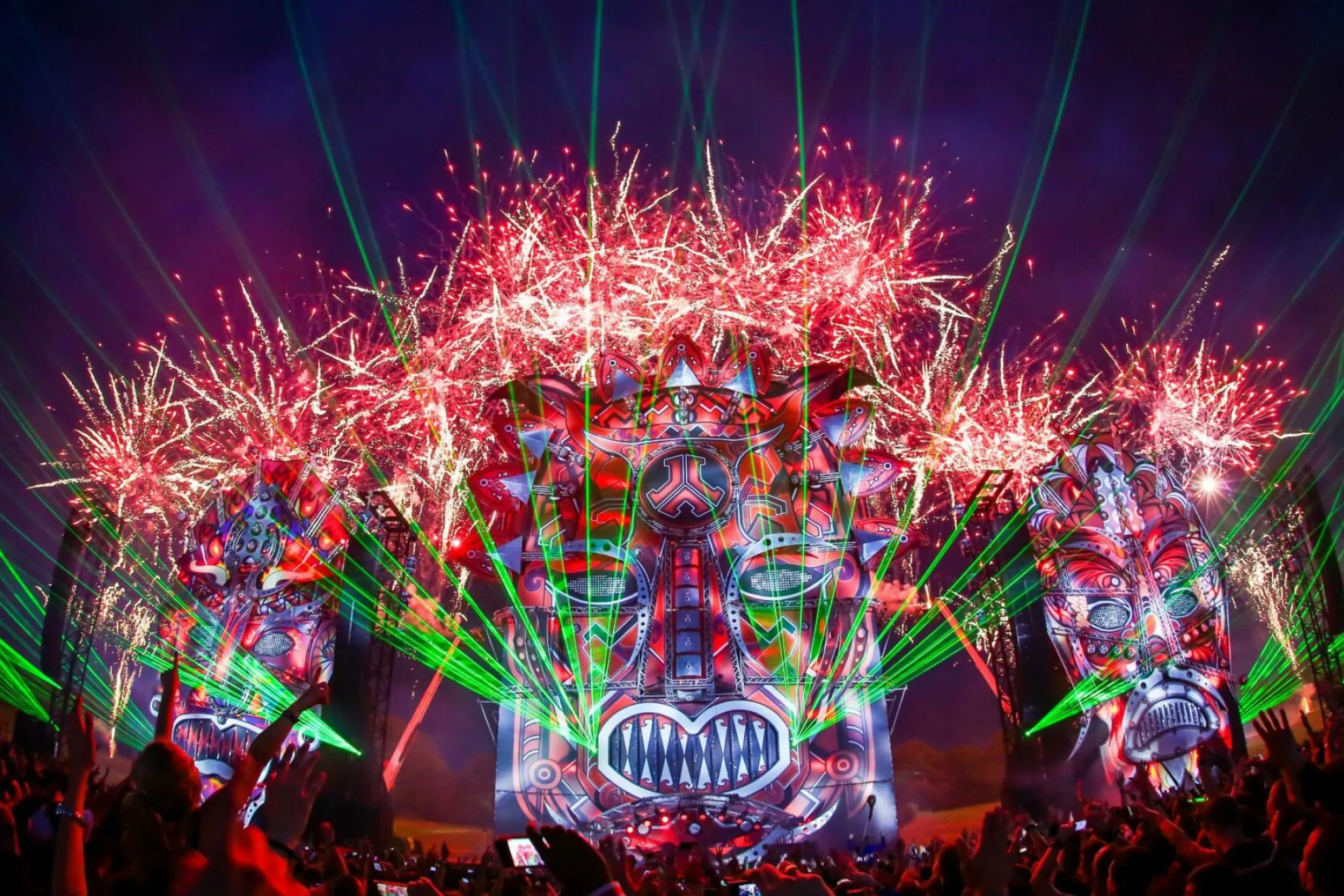 Night Concert with Lights and Red Fireworks