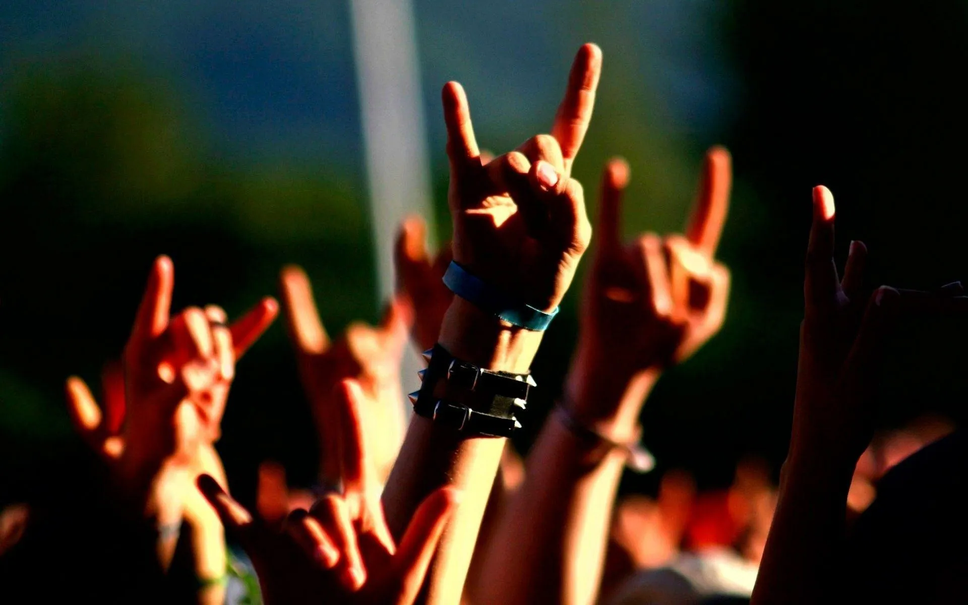 Rock on Hands Raised in Concert Crowd at Sunset Wallpaper