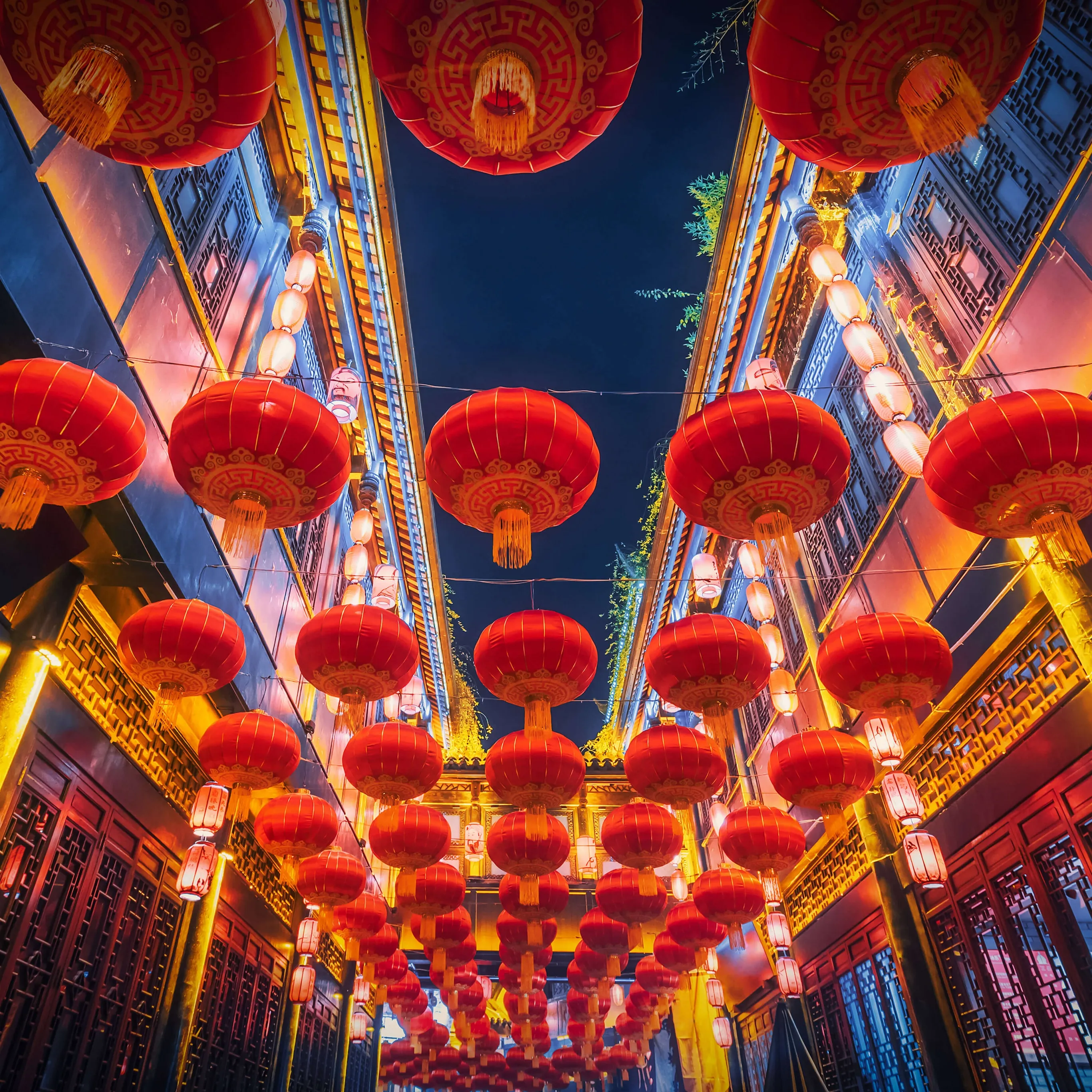 Traditional Festival with Red Lights Glowing in Streetside