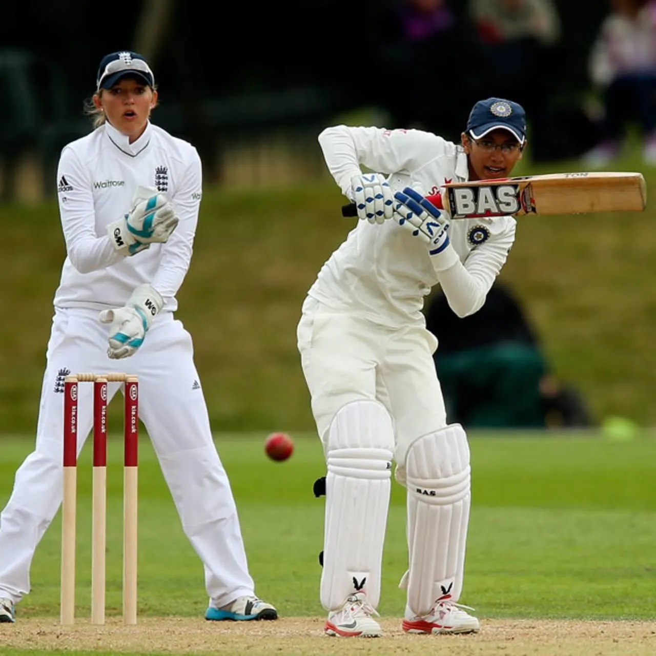 Smriti Mandhana facing a bowler during an international match