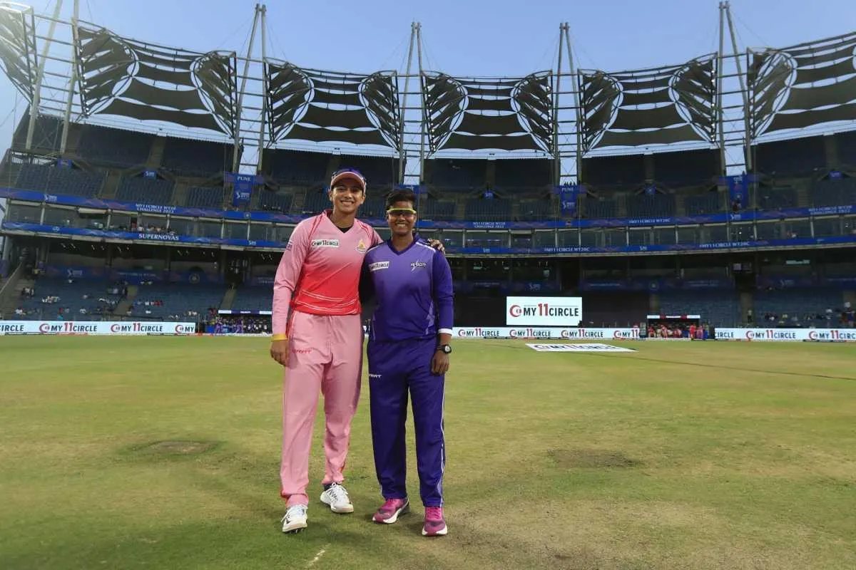 Smriti Mandhana posing during a match at the stadium
