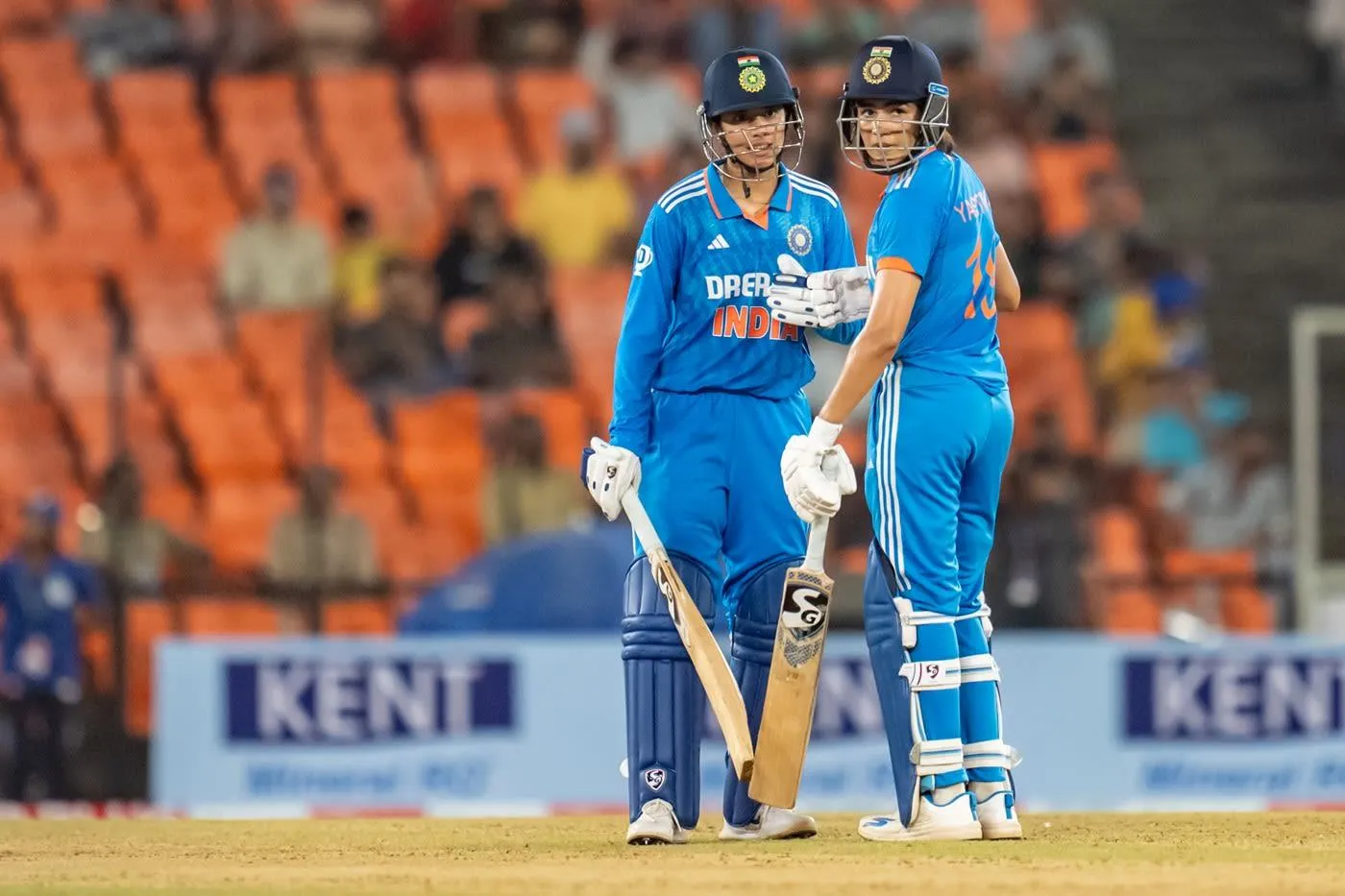 Smriti Mandhana representing India in a cricket match