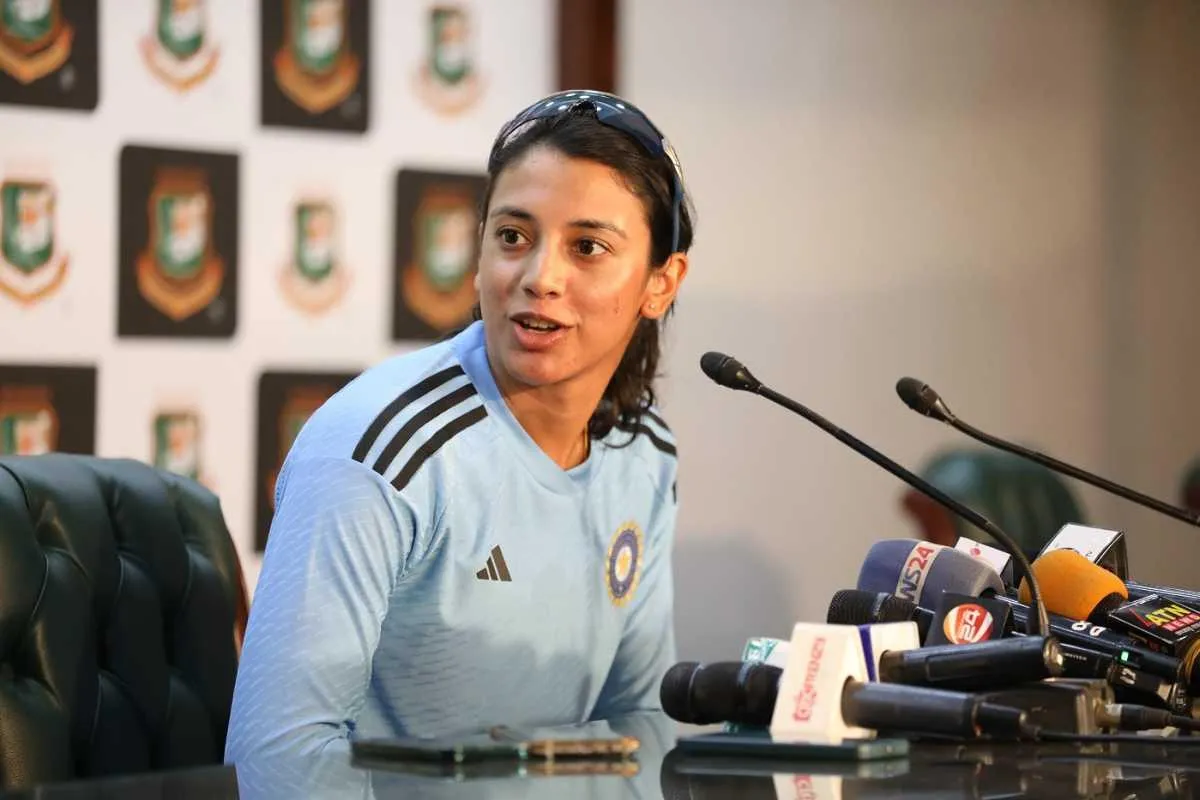 Smriti Mandhana speaking at indoor press conference