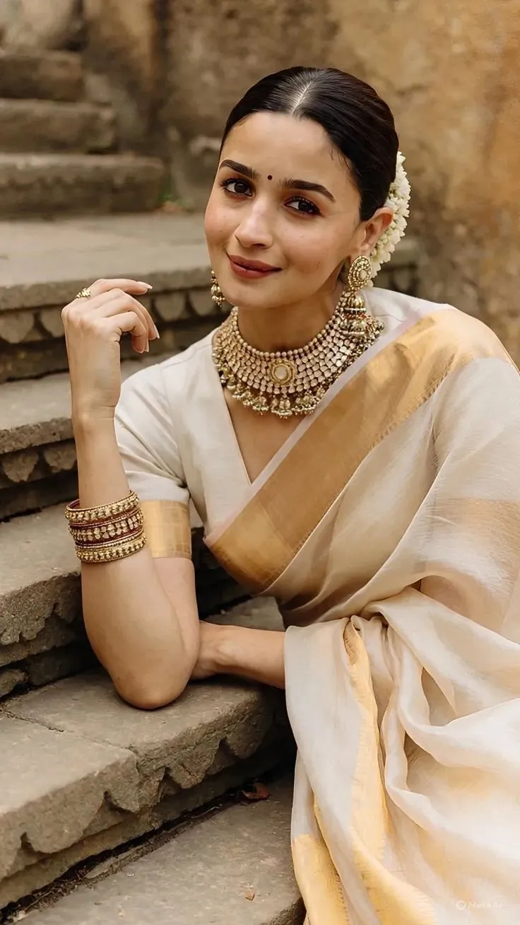 Alia Bhatt in a golden saree sitting on the steps wallpaper