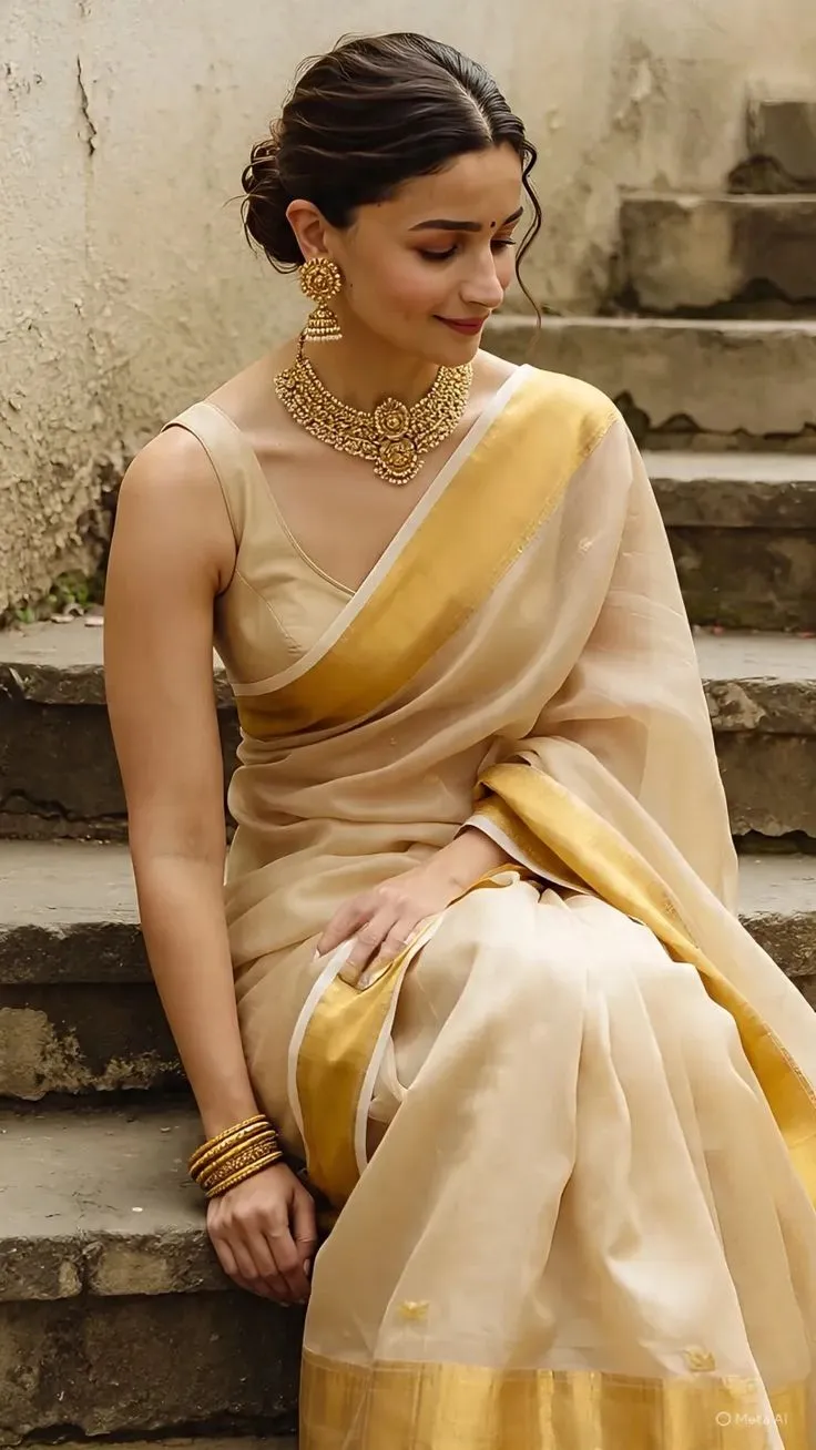 Alia Bhatt sitting on the stairs wearing a golden saree