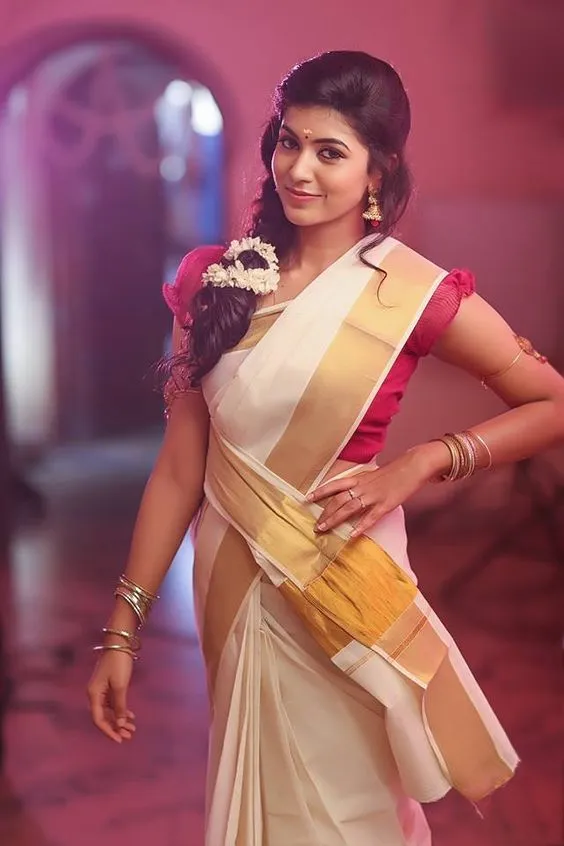 Anju Kurian in a Nerial saree standing in her house image