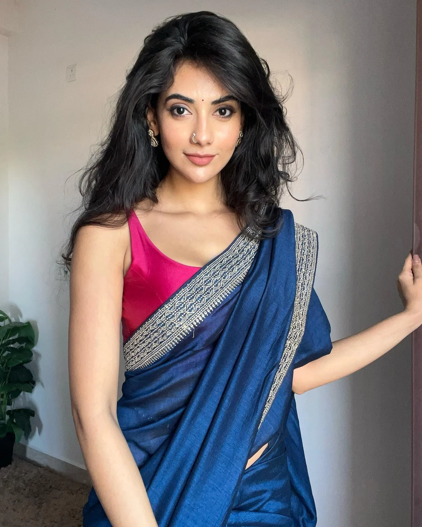 Attractive Malina in Blue Saree with Elegant Style Wallpaper