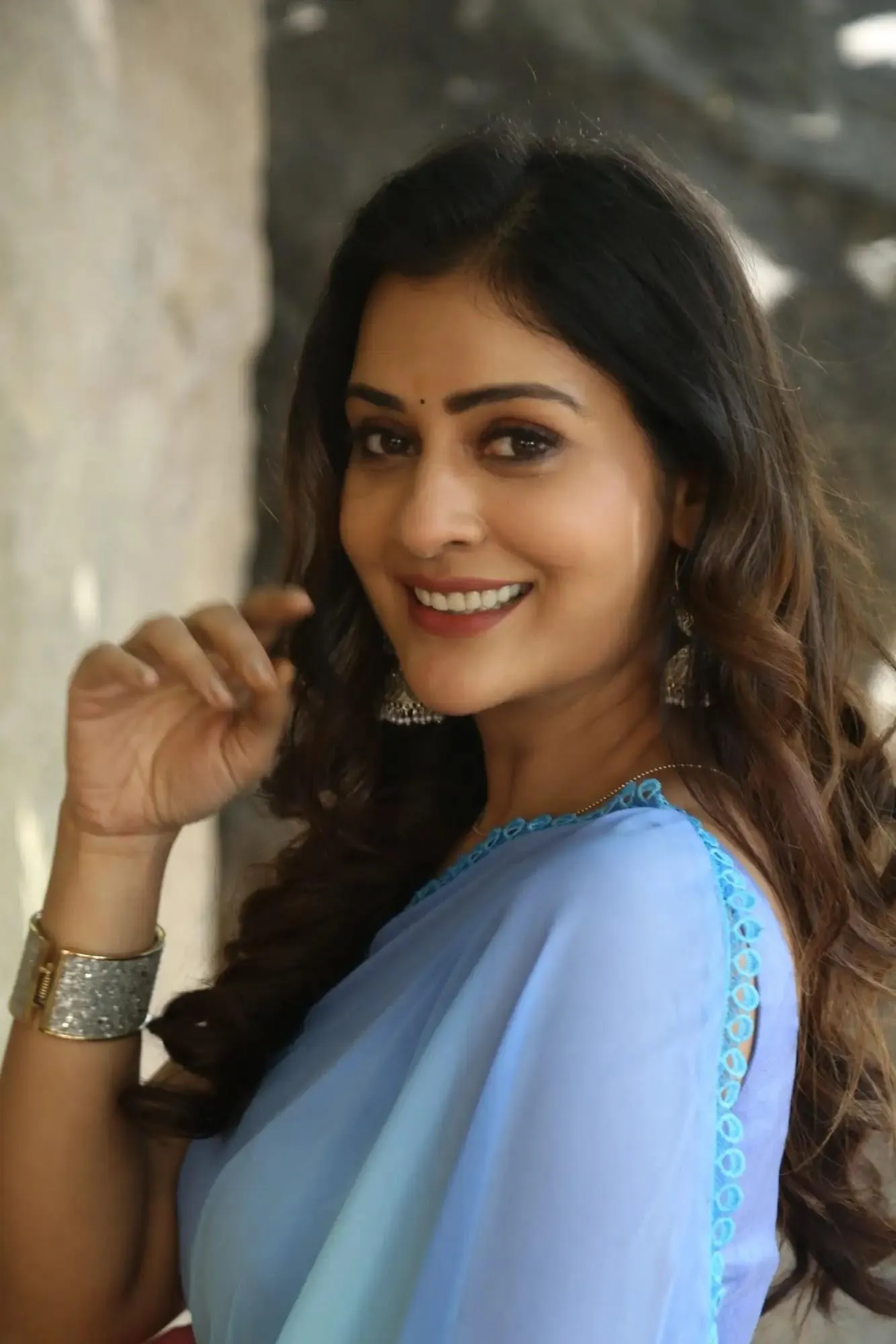 Attractive Payal Rajput in Sky Blue Saree Radiance Wallpaper