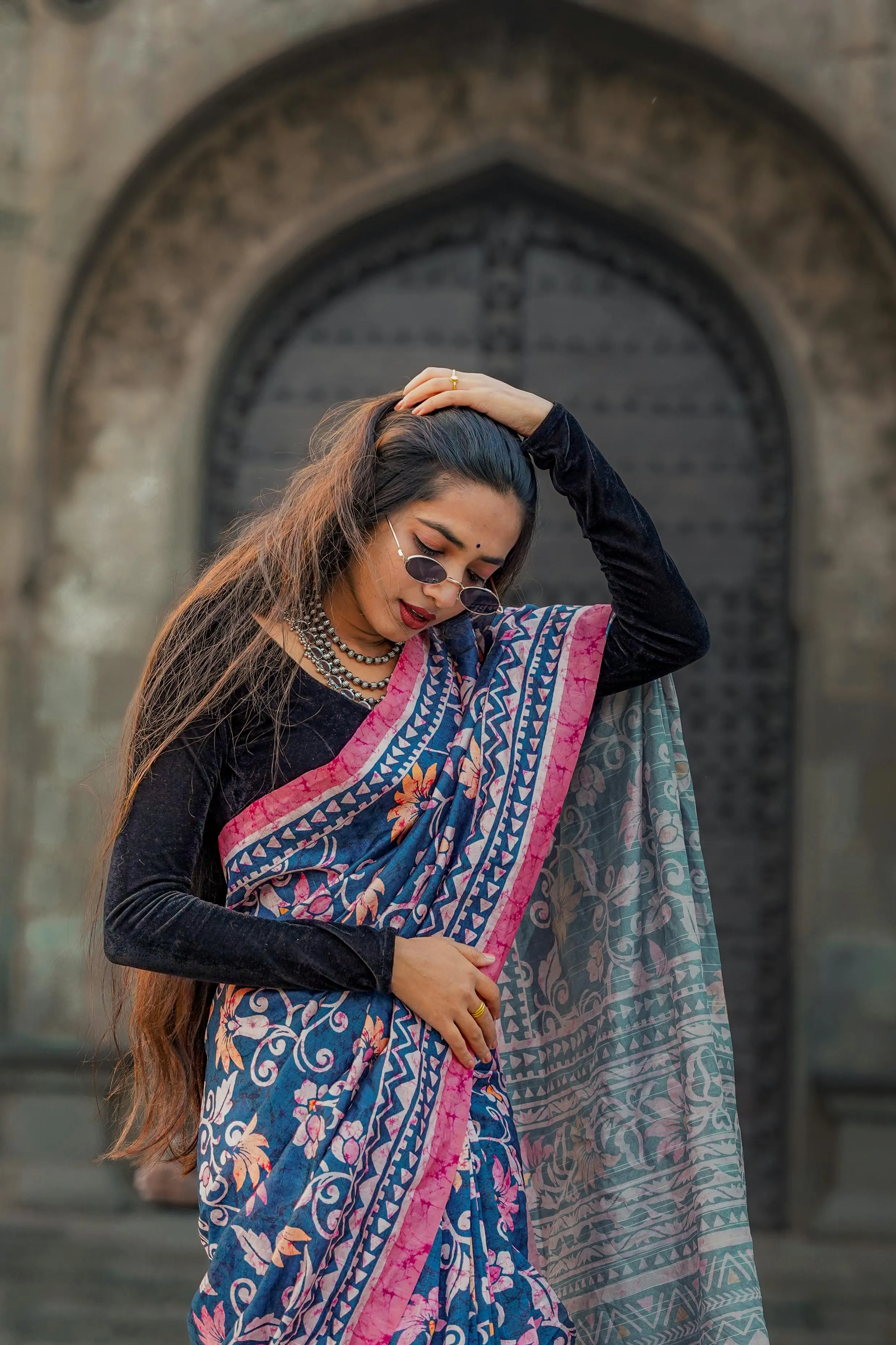 Attractive Young Woman in Blue Saree Posing Outdoor Image