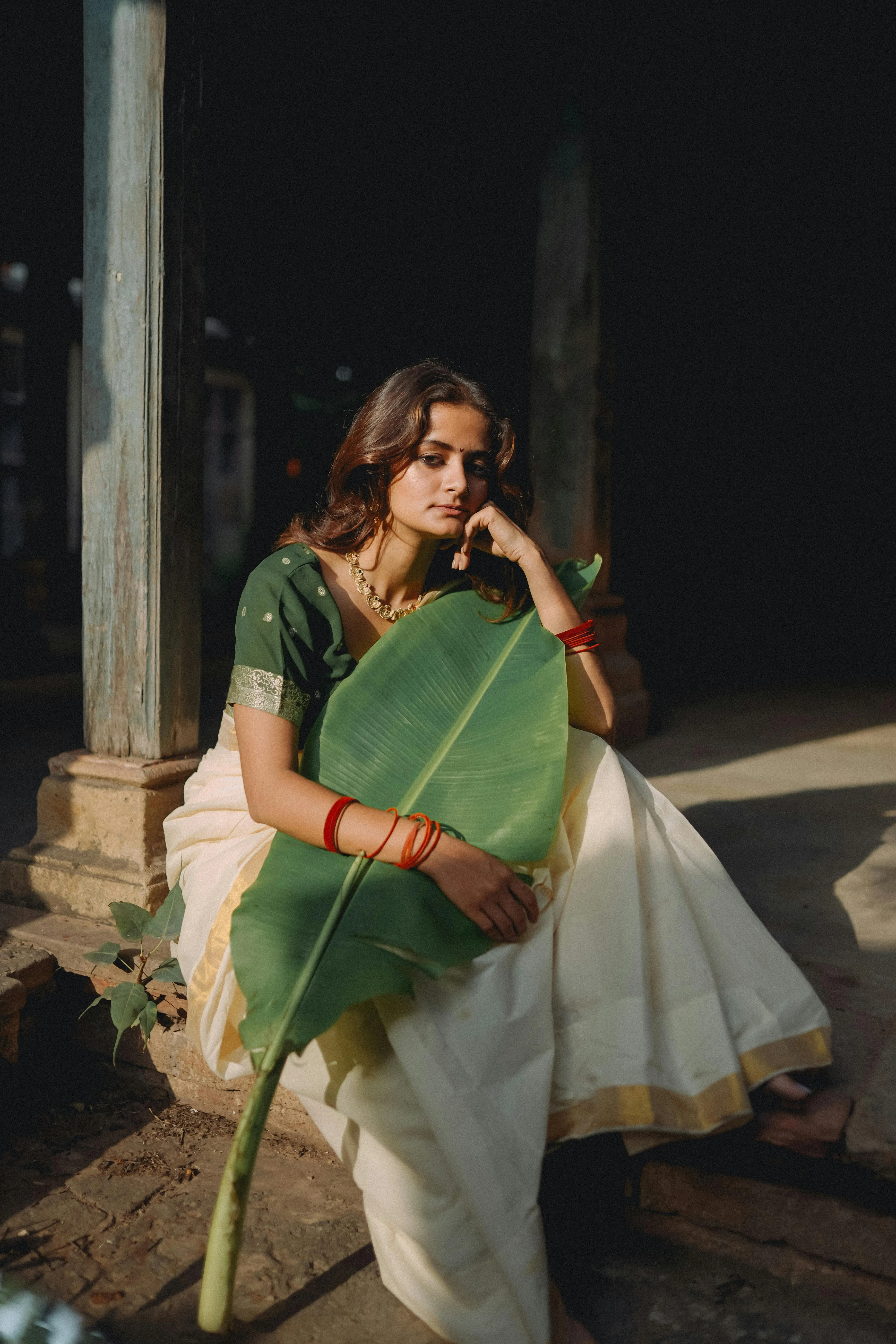 Attractive Young Woman in Green Saree Outdoor Standing Image