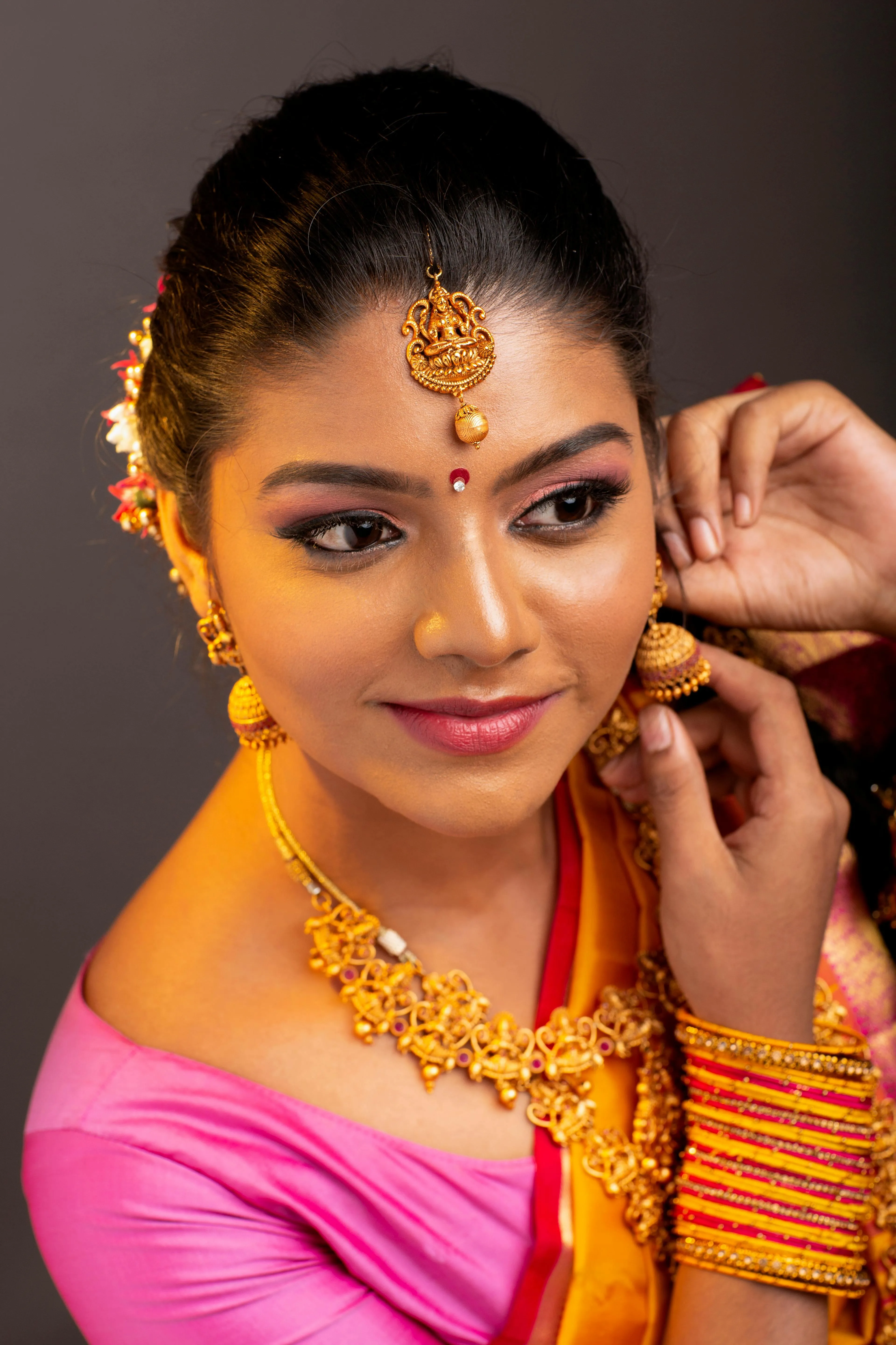 Attractive Young Woman in Pink Saree Traditional Pose Image