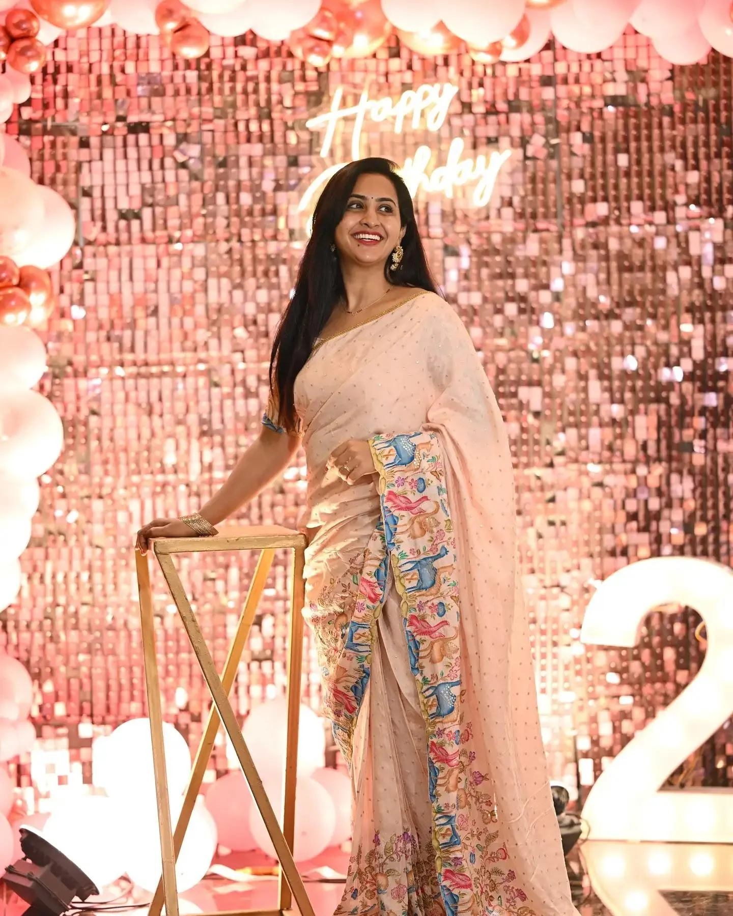 Beautiful Lasya Manjunath in Peach Saree Smiling Wallpaper