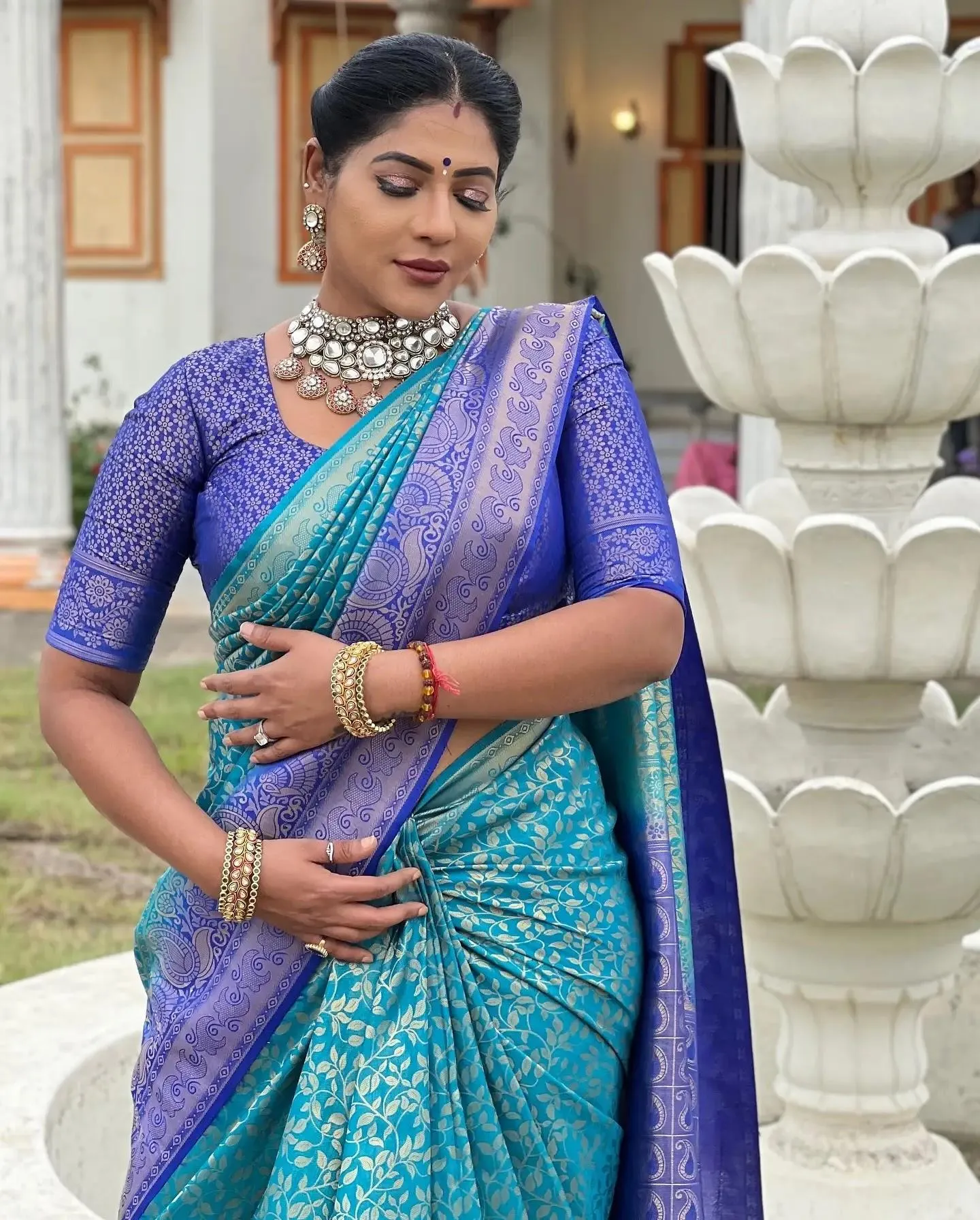 Beautiful Reshma Pasupuleti in Blue Saree Smiling Pose Image