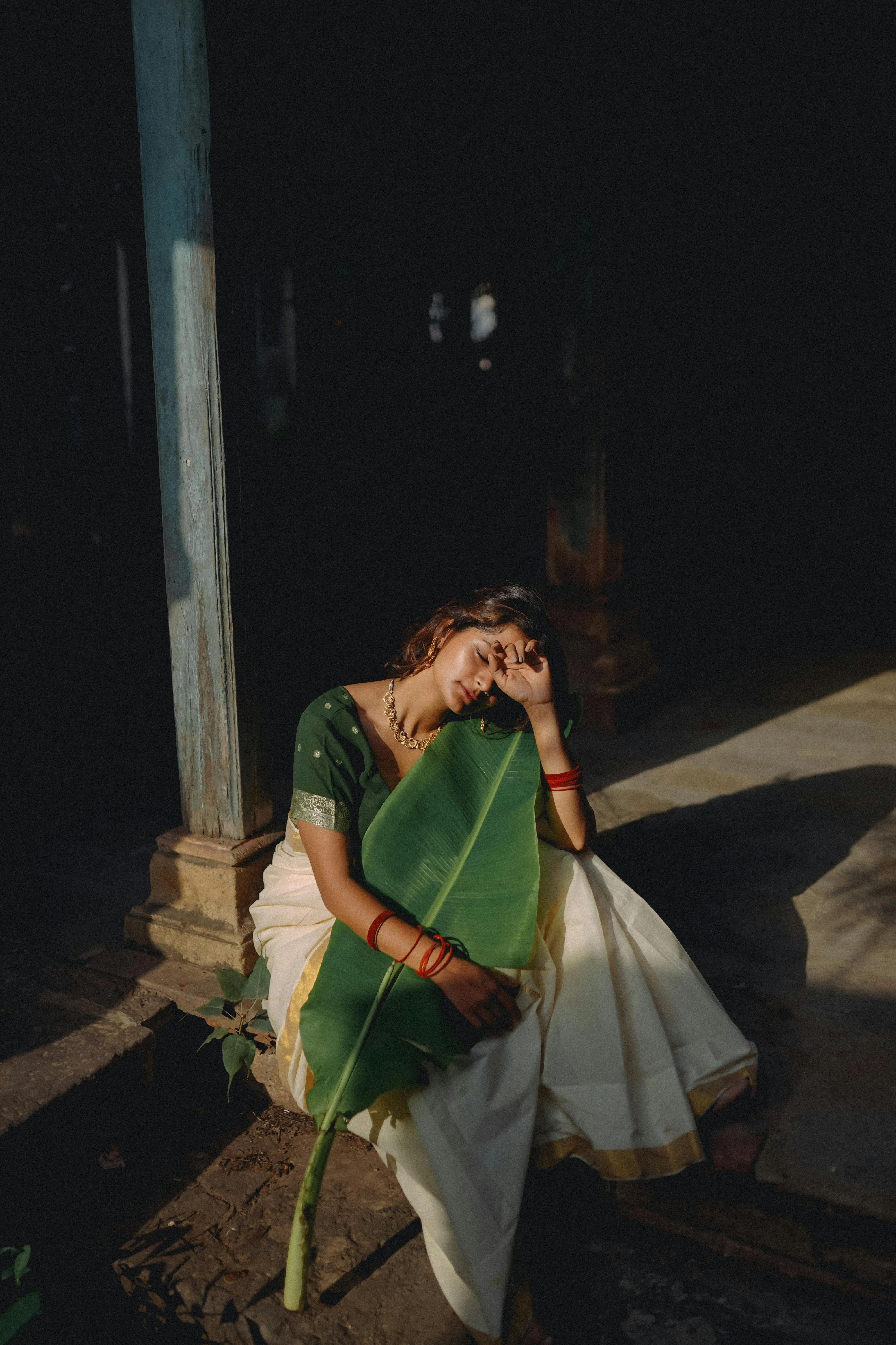 Beautiful Young Woman in Green Saree Near Dark Wall Picture