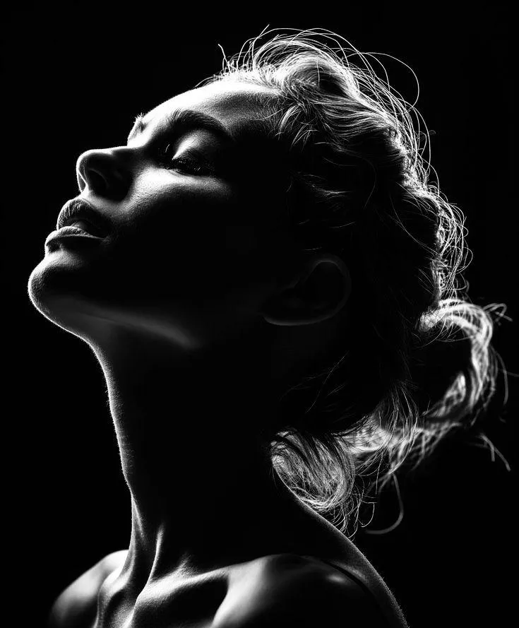 Black and White Artistic Side Profile of Woman with Hair Up