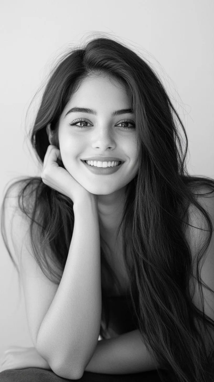 Black and White Photo of a Smiling Woman with Hand on Chin