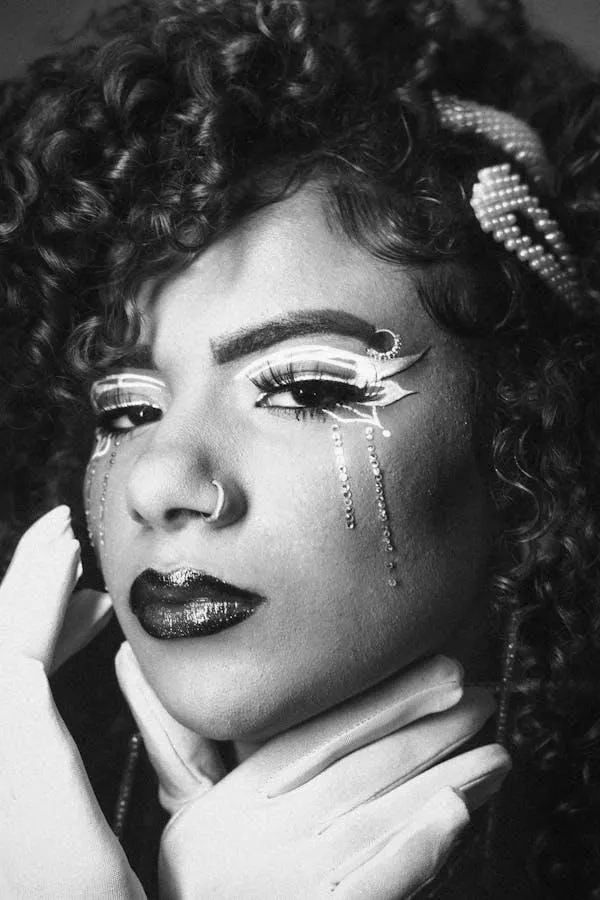 Black and White Portrait of a Woman with a Unique Makeup