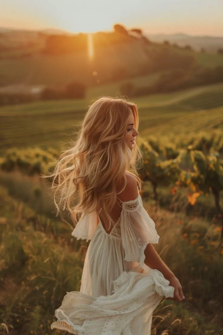 Blonde Girl Walking Across the Field Under Soft Sunset Light