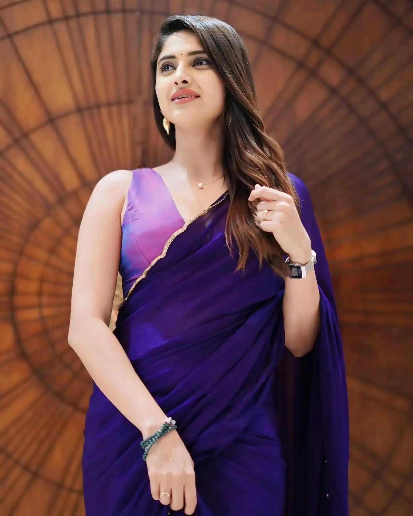 Charming Ayesha Zeenath Dazzling Softly in Violet Silk Saree