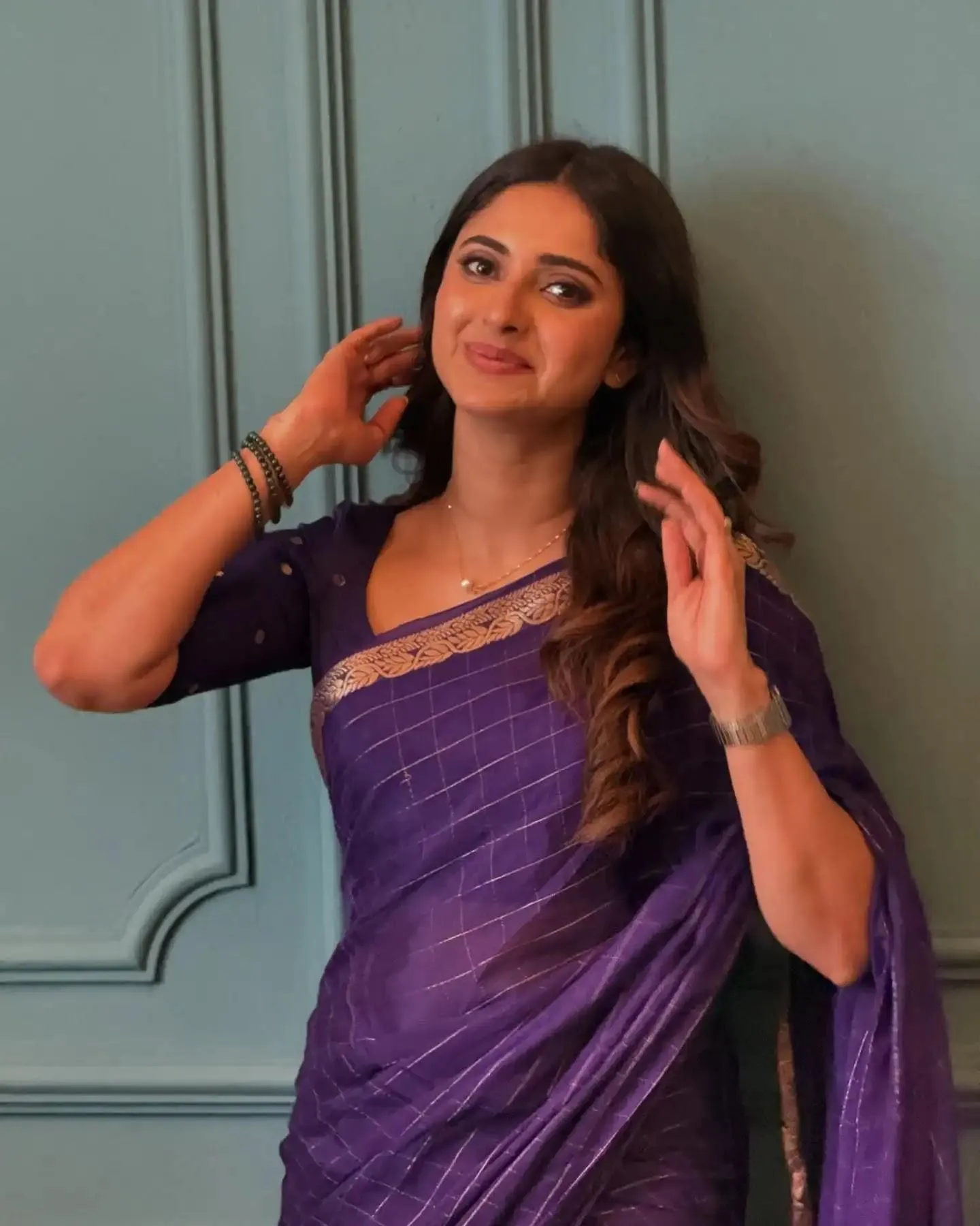Charming Ayesha Zeenath in Elegant Purple Saree Pose Picture