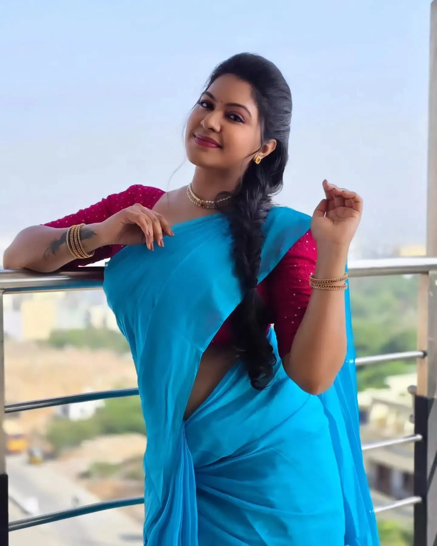 Charming Rachitha Mahalakshmi in Sky Blue Saree Wallpaper