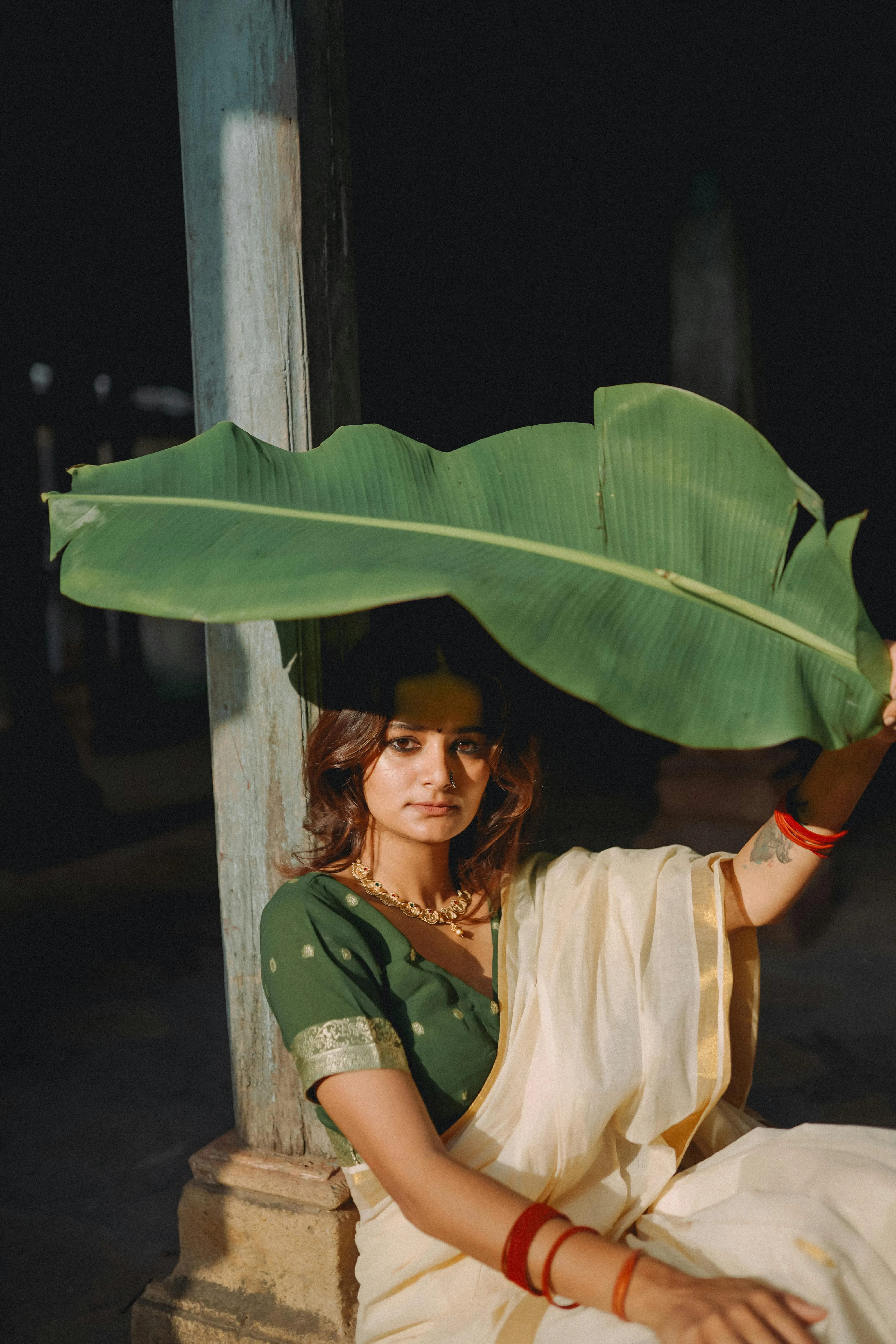 Charming Young Woman in Green Saree Holding Leaf Pose Image