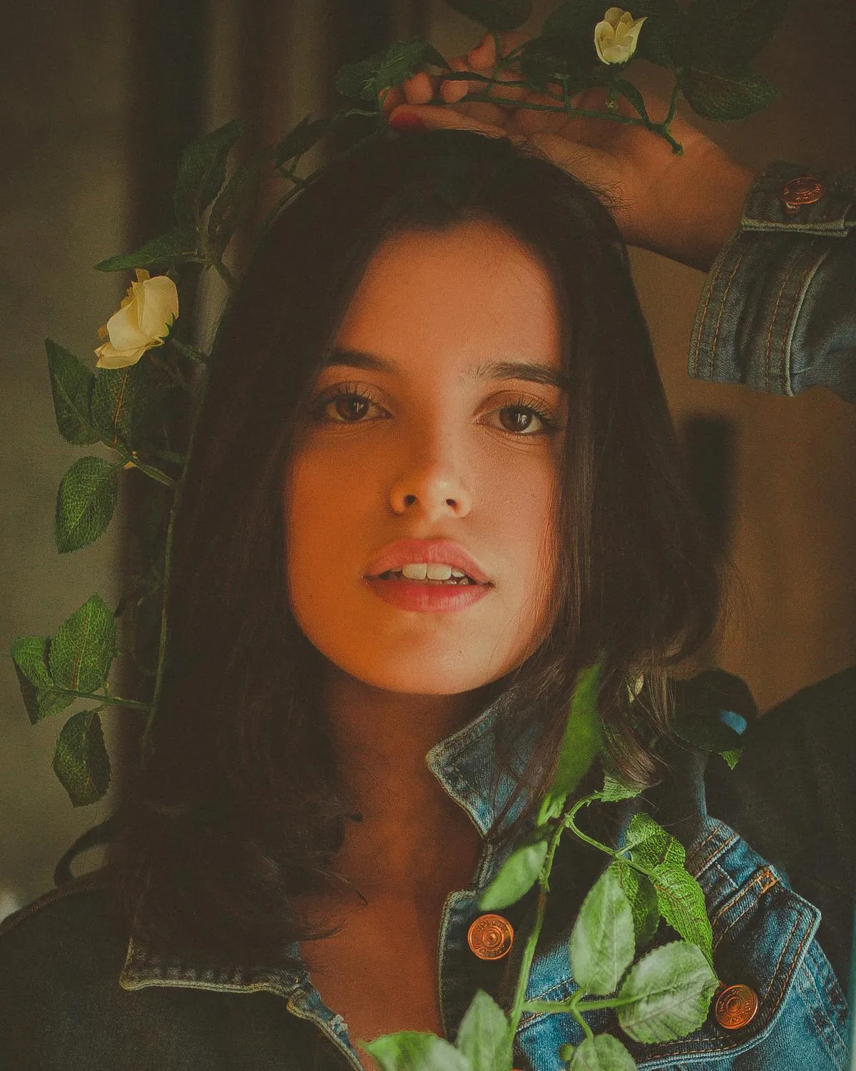 Close Up of a Woman with a Floral Shirt and Natural Makeup