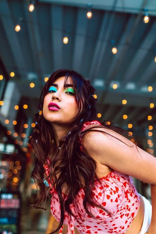 Colorful Urban Lights Behind the Model in a Pink Floral Top