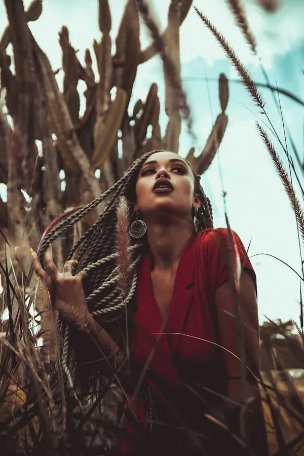 Confident Woman with Braided Hair Posing Amid Dried Branches