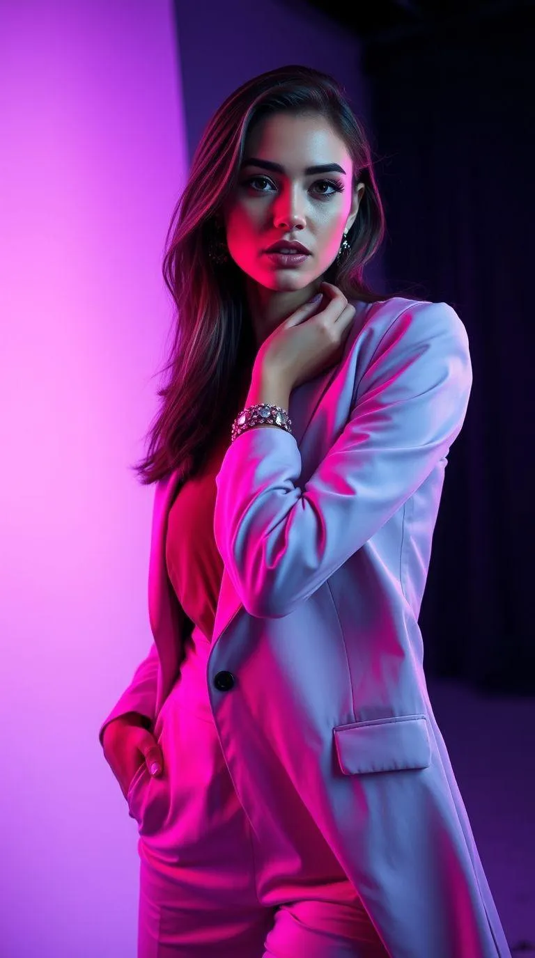 Confident Woman in a Pink Light Posing with Style Wallpaper